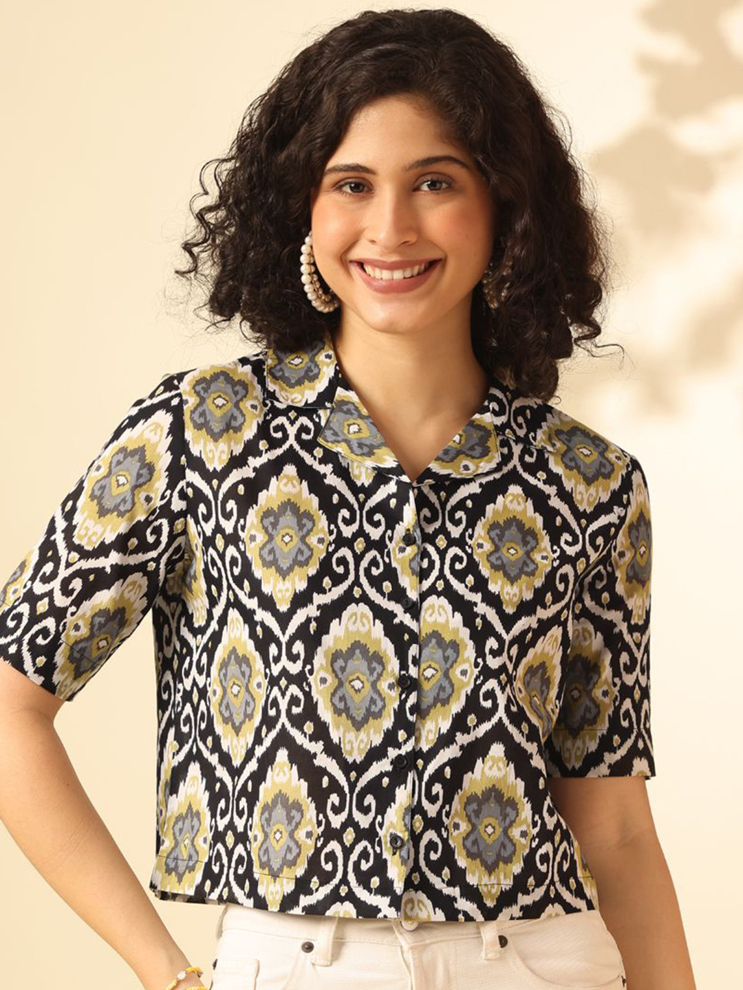 

Anouk Women Ethnic Motifs Printed Shirt Collar Cotton Top, Black