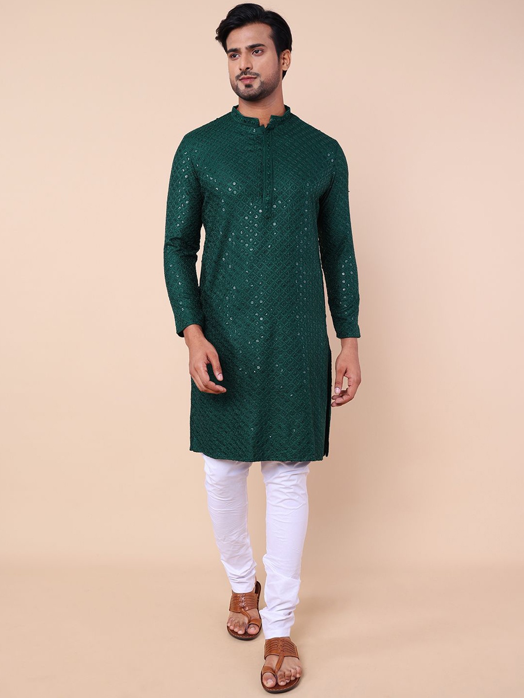 

NAMASKAR Geometric Embroidered Sequinned Pure Silk Straight Kurta with Churidar, Green