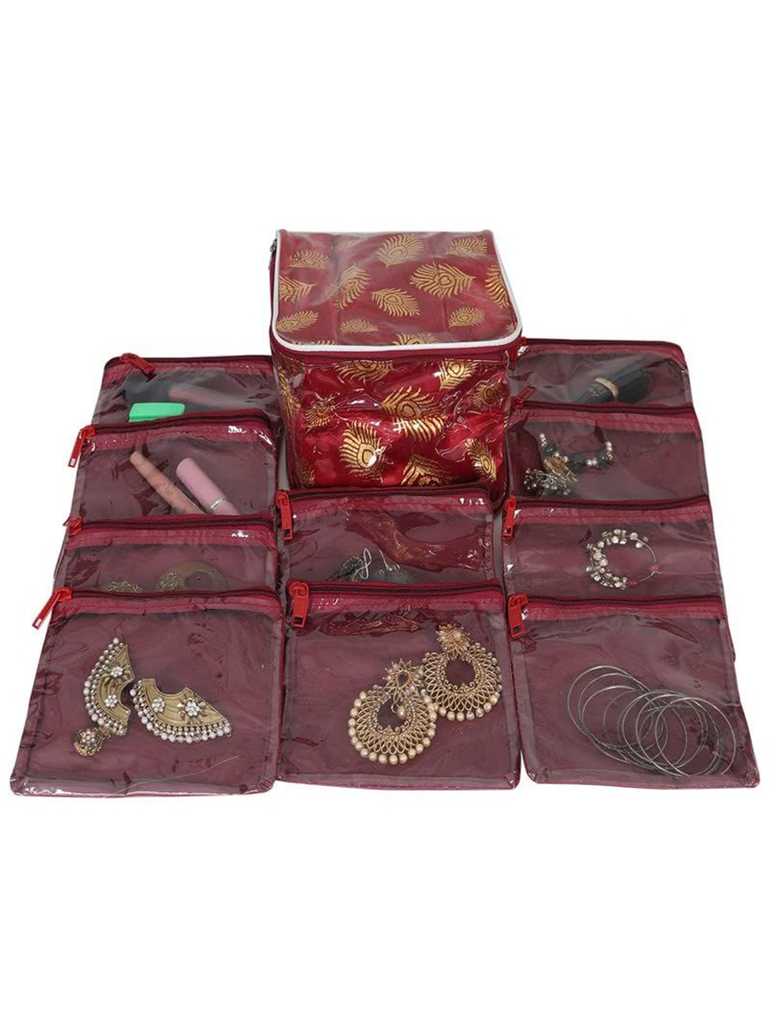 

prettykrafts Maroon & Gold-toned Printed 10 Pouch Reusable Jewellery Organiser
