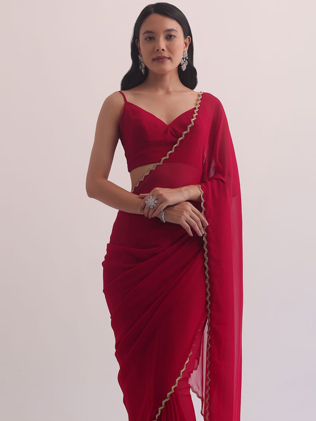 

AWRIYA Beads and Stones Pure Georgette Saree, Red