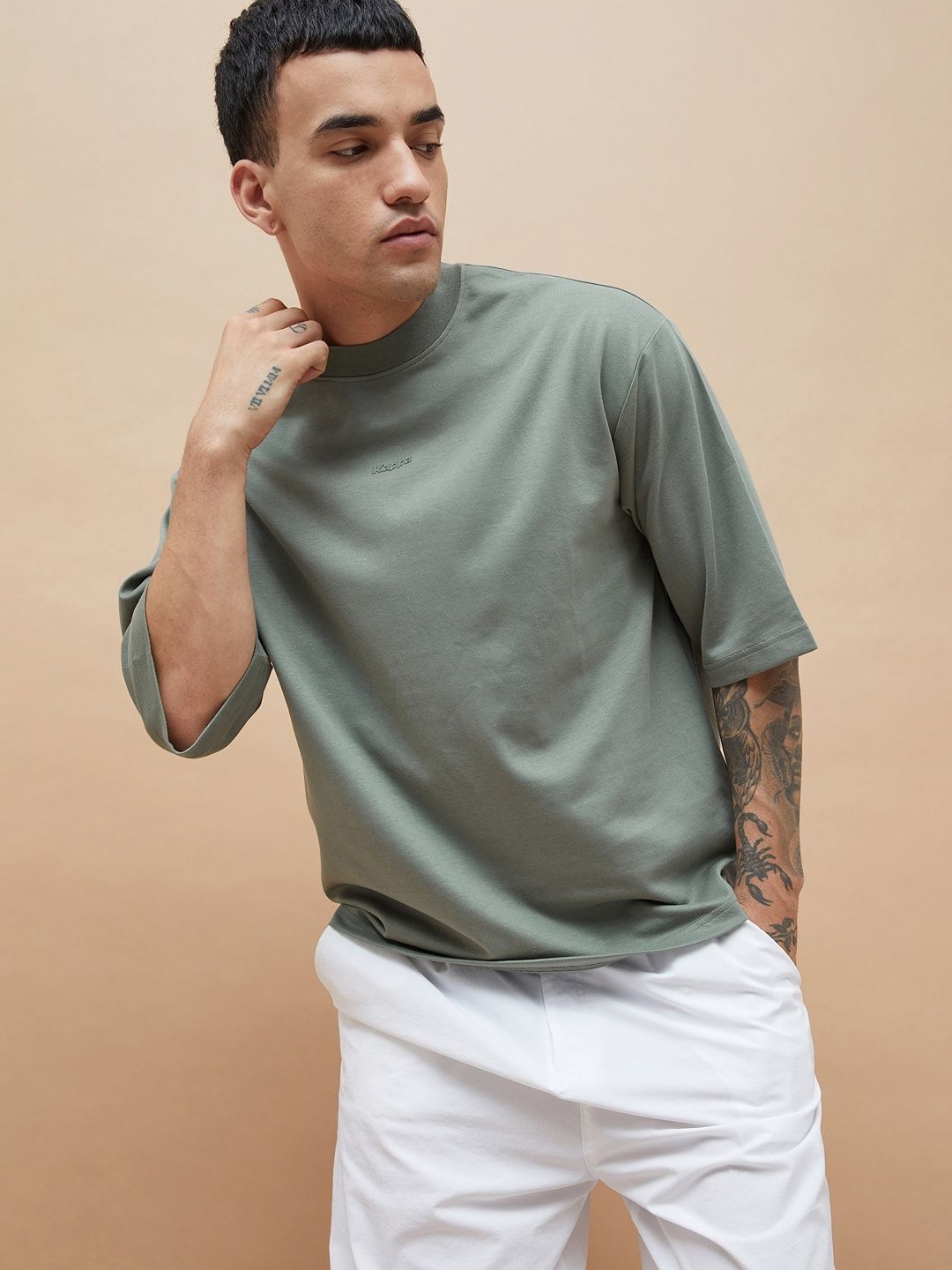 

Kappa Men Solid Round Neck Cotton Oversized T-shirt, Green