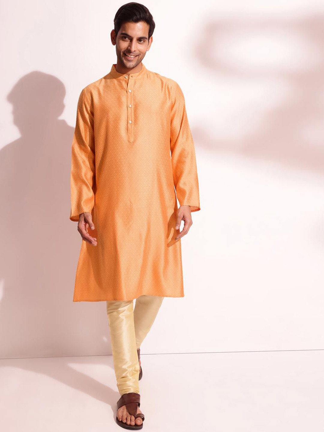 

Fabindia Ethnic Motifs Woven Design Mandarin Collar Straight Kurta, Orange