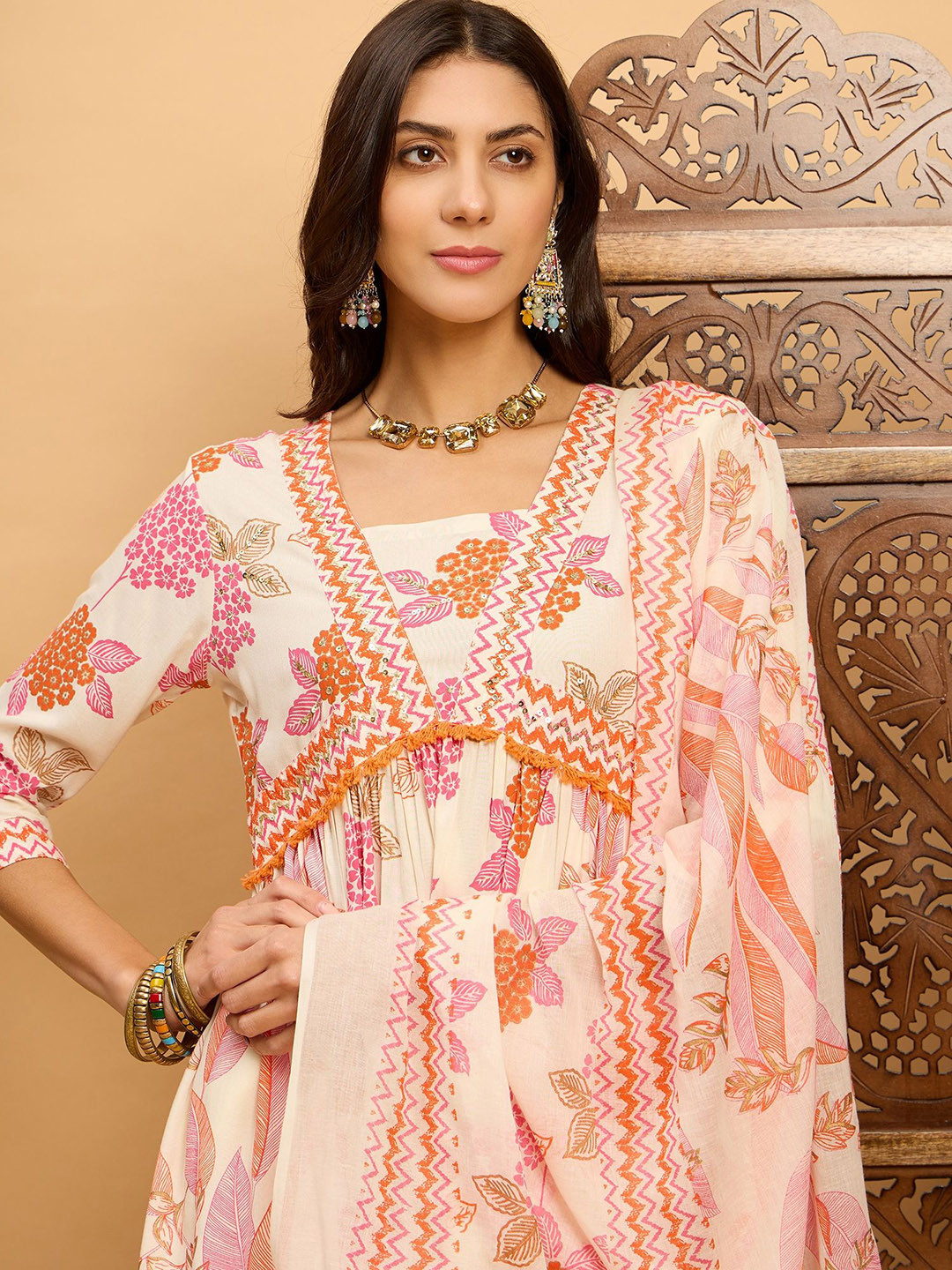 

Anouk Floral Printed Sequinned Pure Cotton Kurta With Trousers & Dupatta, Off white