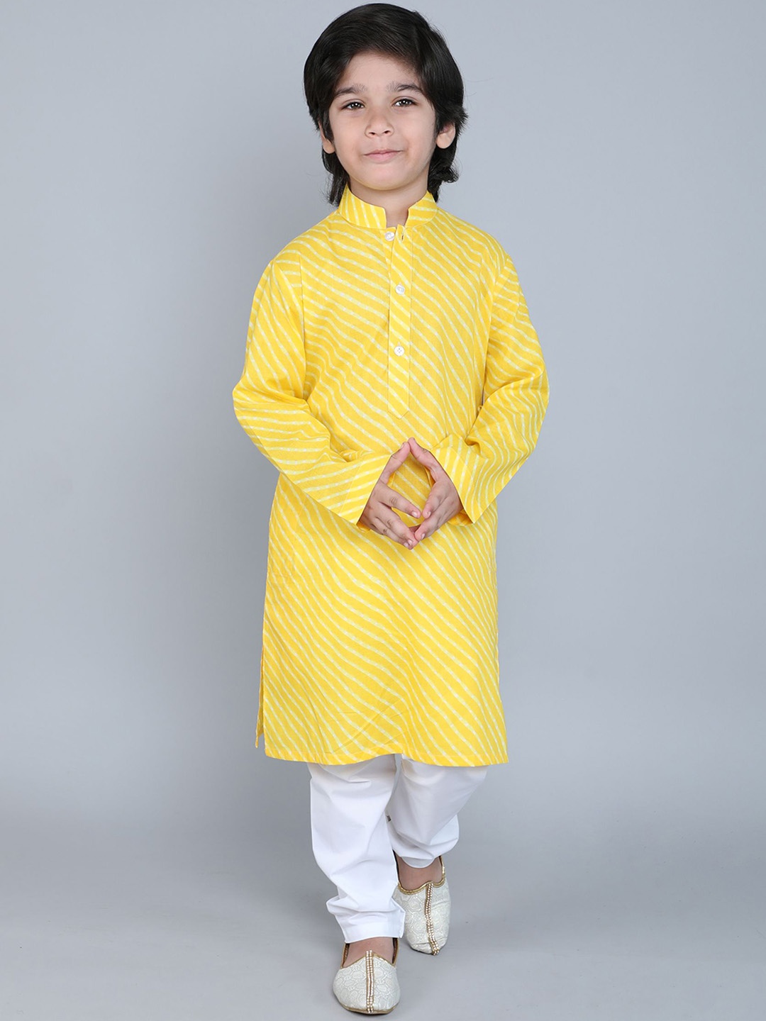 

Little Clothings Boys Striped Mandarin Collar Pure Cotton Kurta with Churidar, Yellow