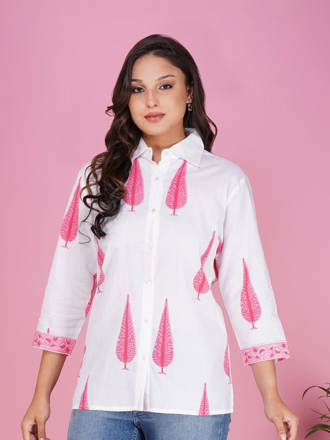 

METRO-FASHION Women Conversational Printed Shirt Collar Cotton Top, Pink