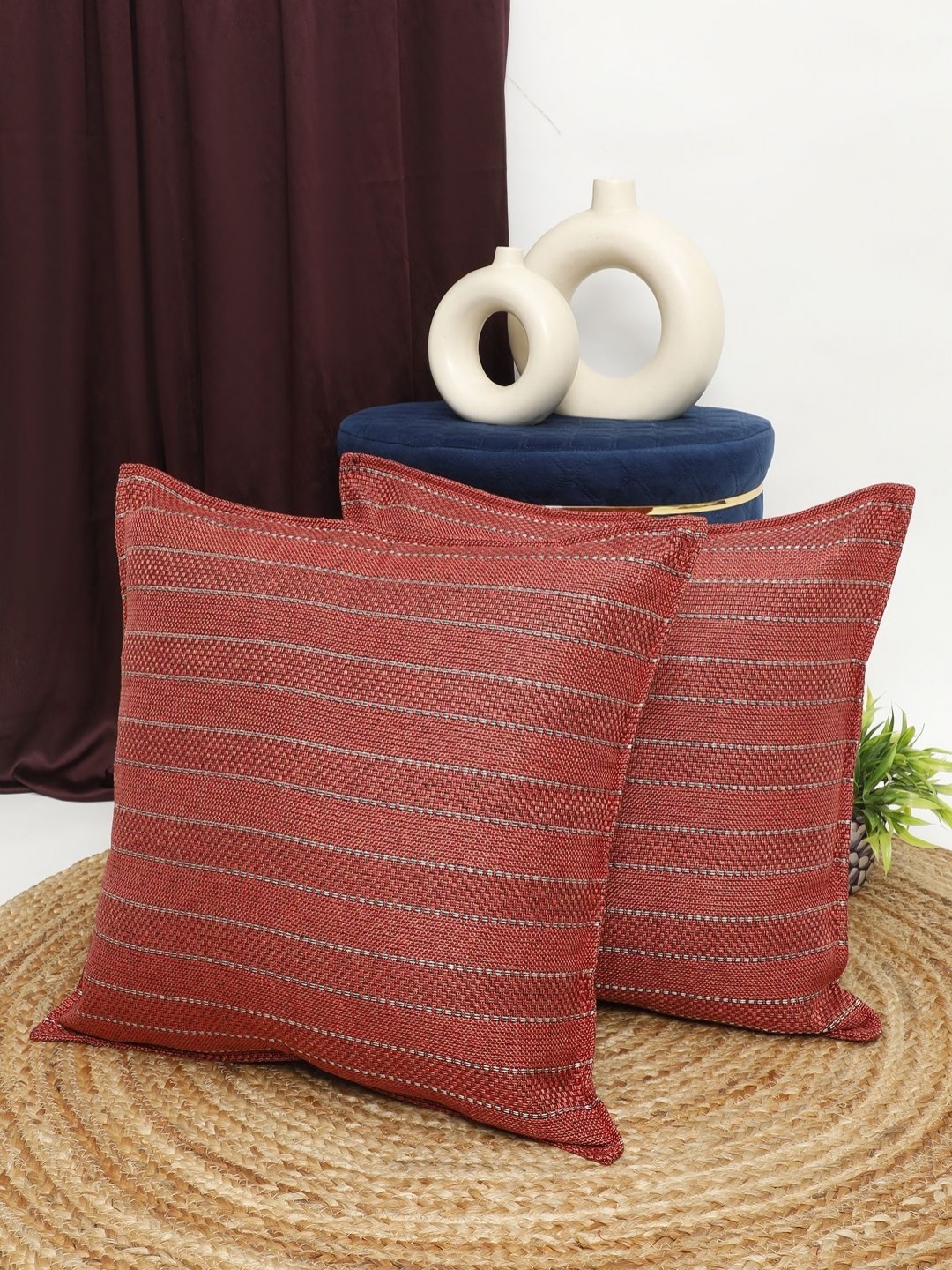 

THE CONVERSION Orange & White 2 Pieces Striped Jute Cotton Square Cushion Covers