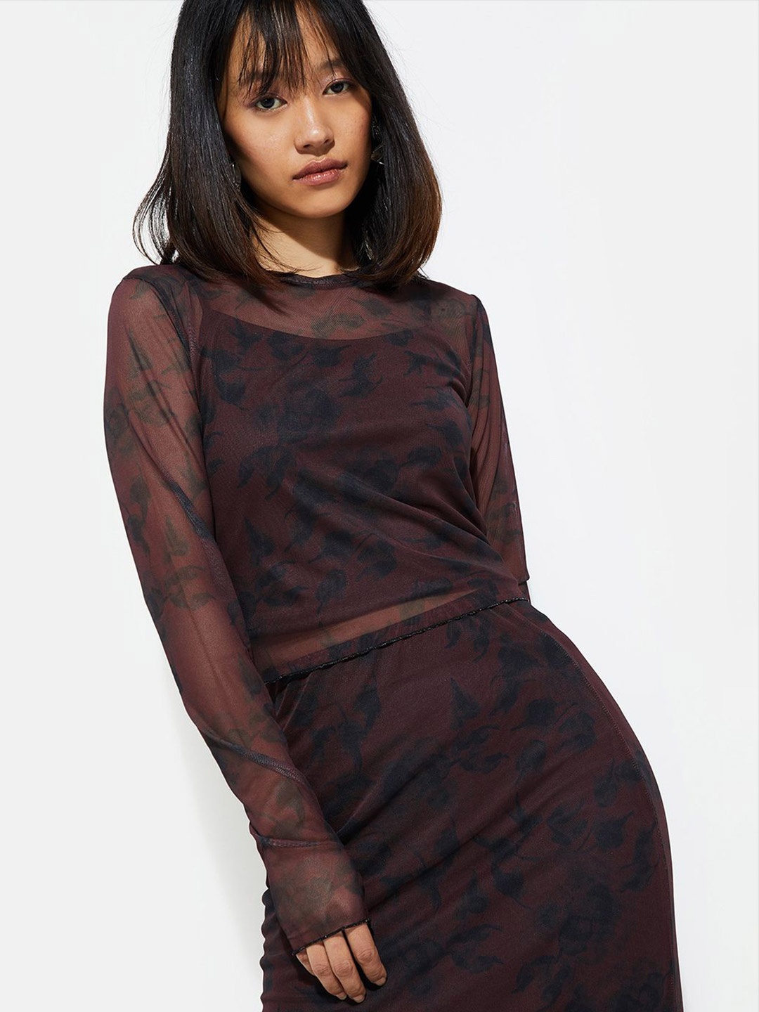 

max URB_N Women Printed Mesh Top with Camisole, Brown