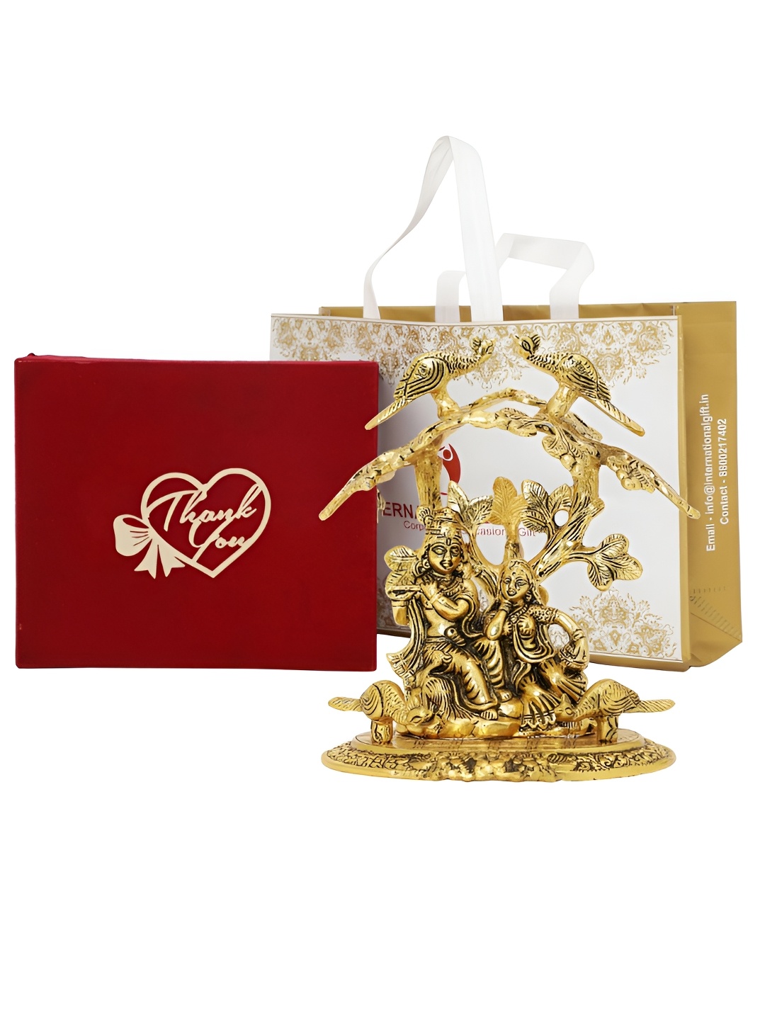 

INTERNATIONAL GIFT Radha Krishna Idol with "Thank You" Tag, Velvet Box & Carry Bag, Gold