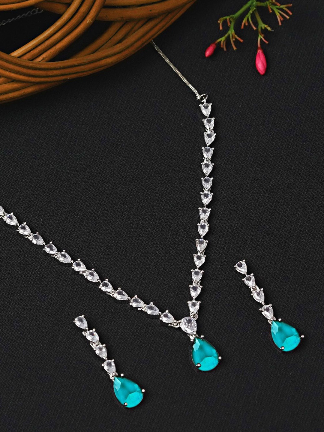 

Zoey Women Silver-Plated American Diamond-Studded Jewellery Set, Green