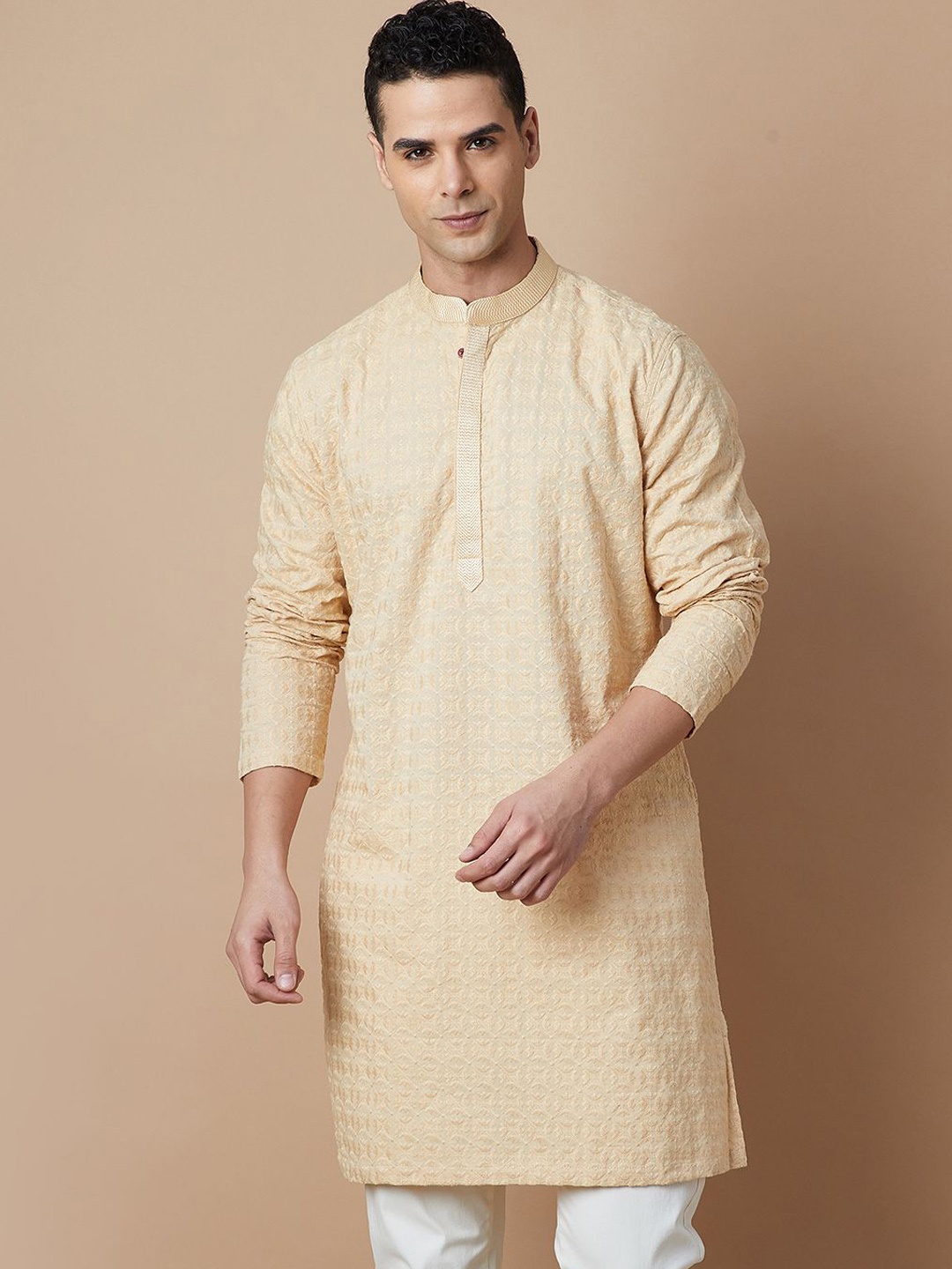 

Melange by Lifestyle Embroidered Thread Work Cotton Straight Kurta, Beige