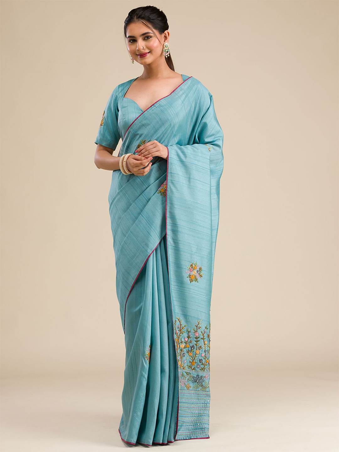 

Koskii Floral Embroidered Saree, Blue