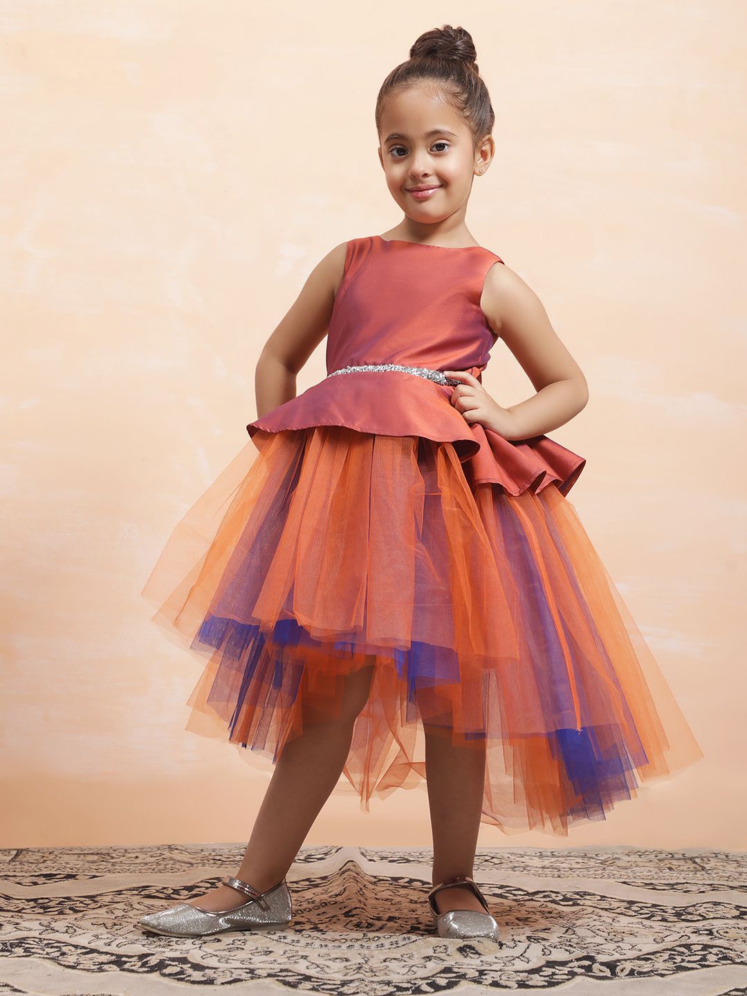 

Toy Balloon kids Girls Solid Embellished Net Fit & Flare Dress, Orange