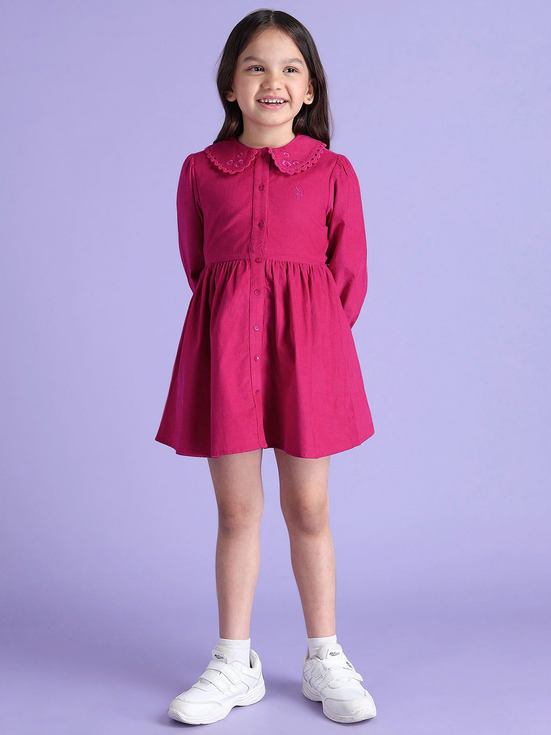 

U.S. Polo Assn. Kids Girls Peter Pan Collar Puff Sleeve Fit & Flare Dress, Pink