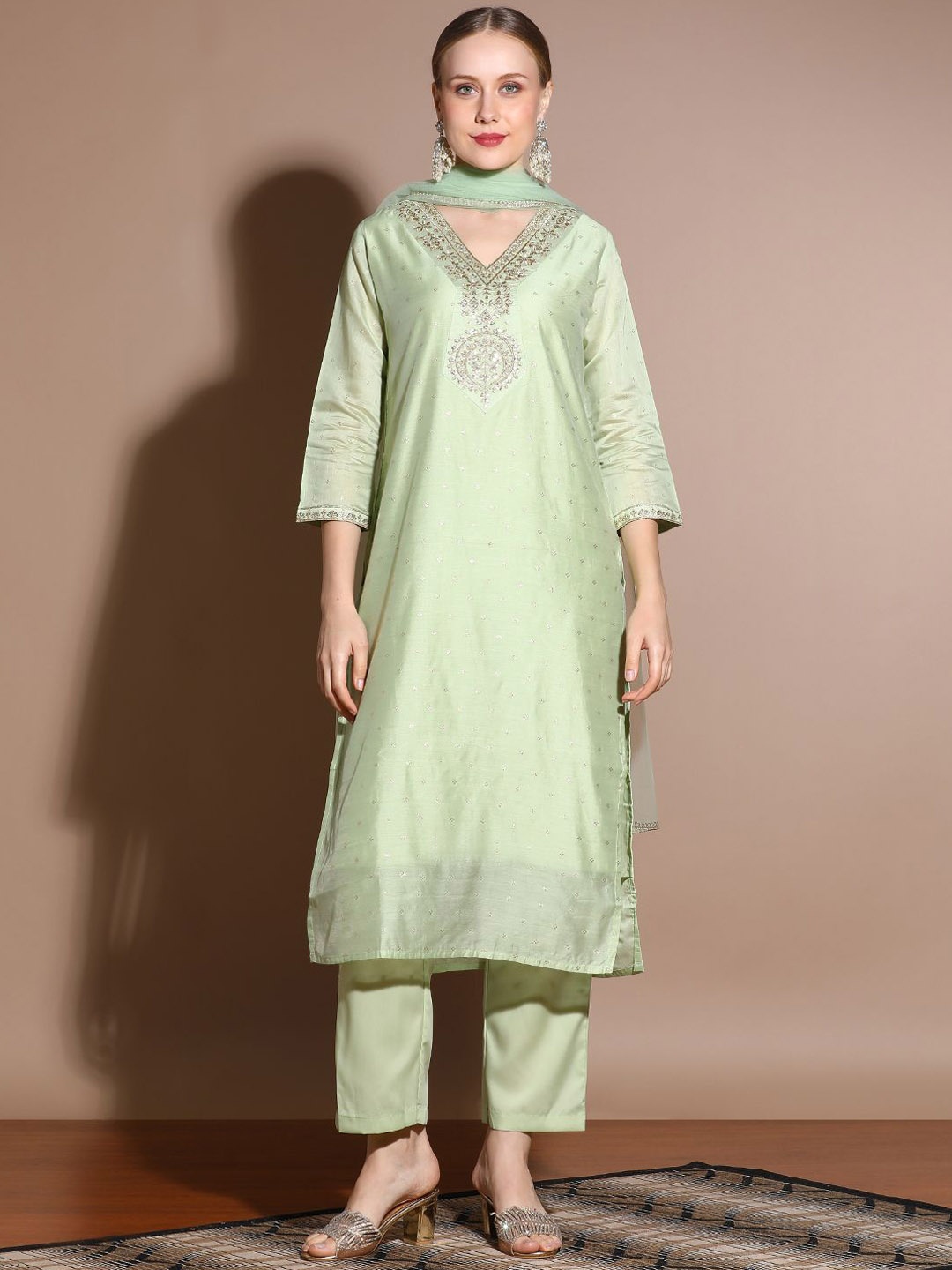 

Jaipur Kurti Chanderi Woven Design Festive Kurta Set with Dupatta, Green