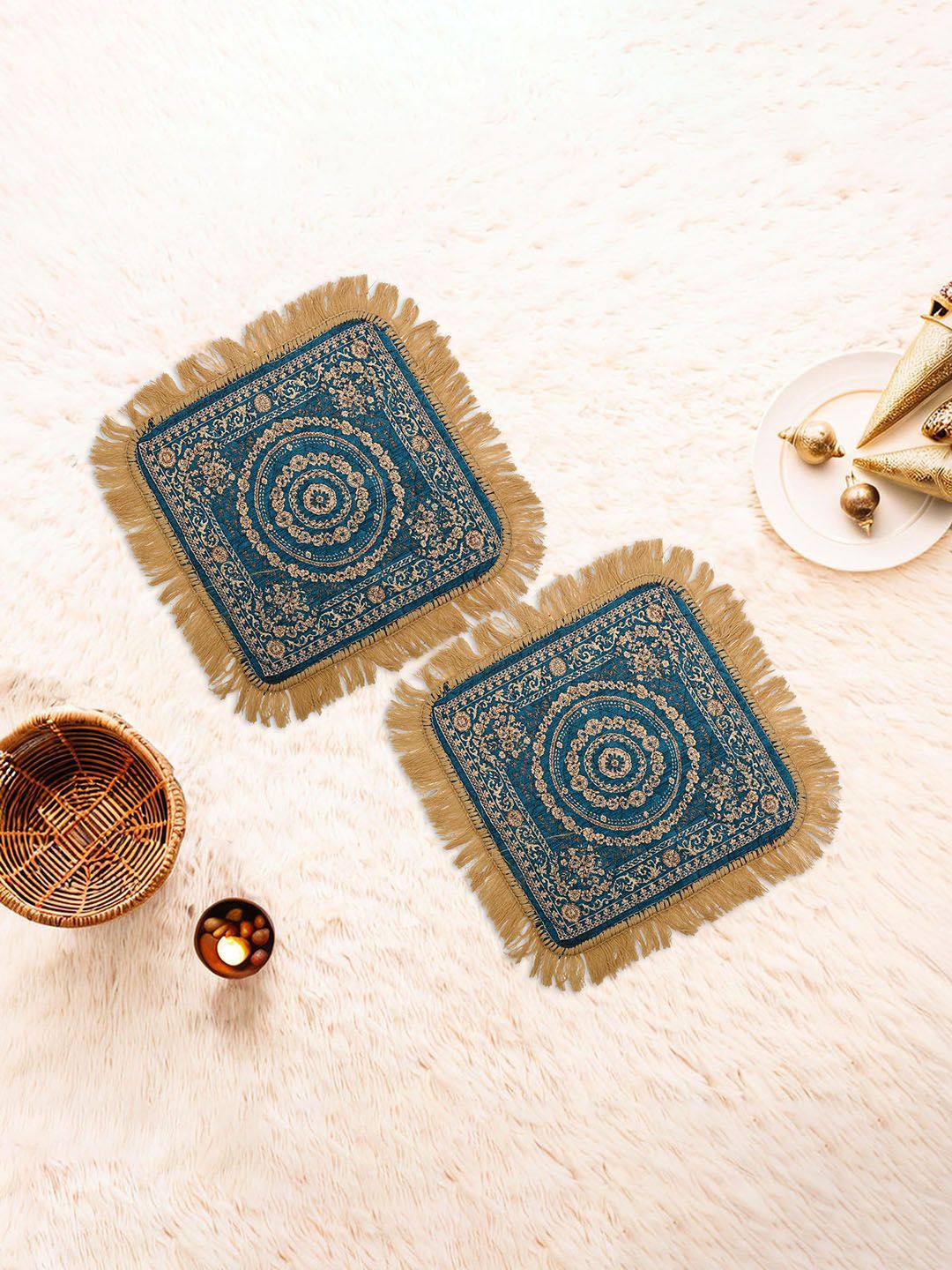 

Kuber Industries Brown & Blue 2 Pieces Floral Printed Velvet Pooja Mats