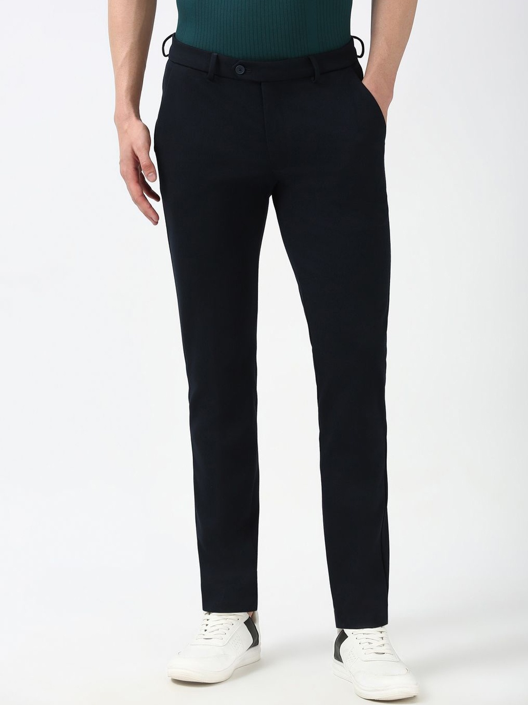

Peter England Men Solid Mid-Rise Slim Fit Formal Trousers, Navy blue