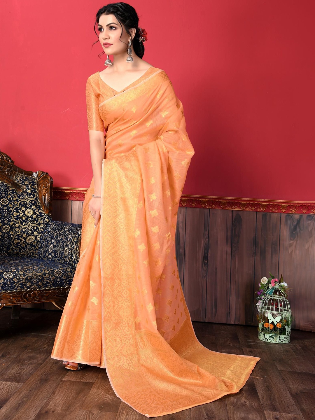 

Areca Designer Ethnic Motifs Zari Linen Blend Banarasi Saree, Peach