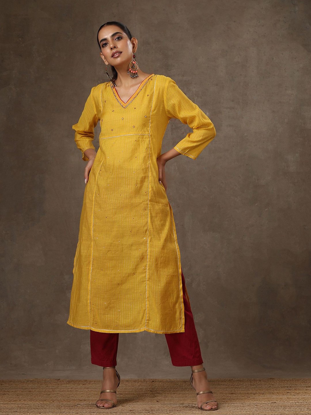 

House of Chikankari HOC Crafts Hand Embroidered Woven Kurta, Yellow