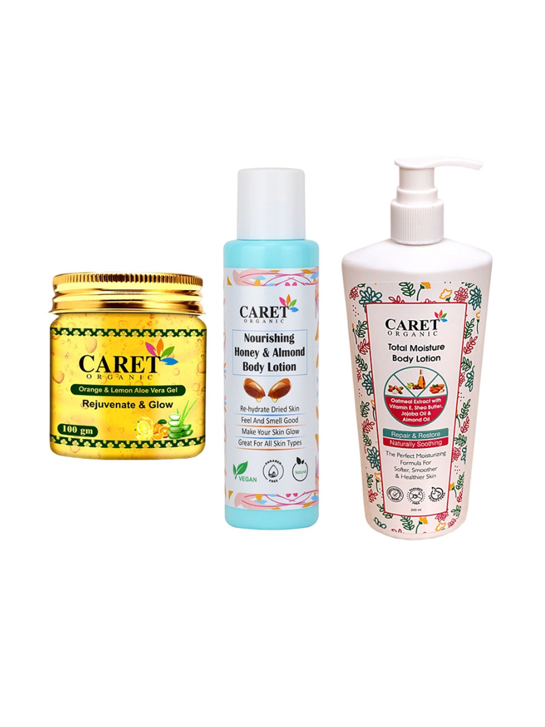 

CARET ORGANIC Set Of 3 Gel- 100 g & Nourishing Lotion-100 ml & Total Moisture Lotion-100ml, White