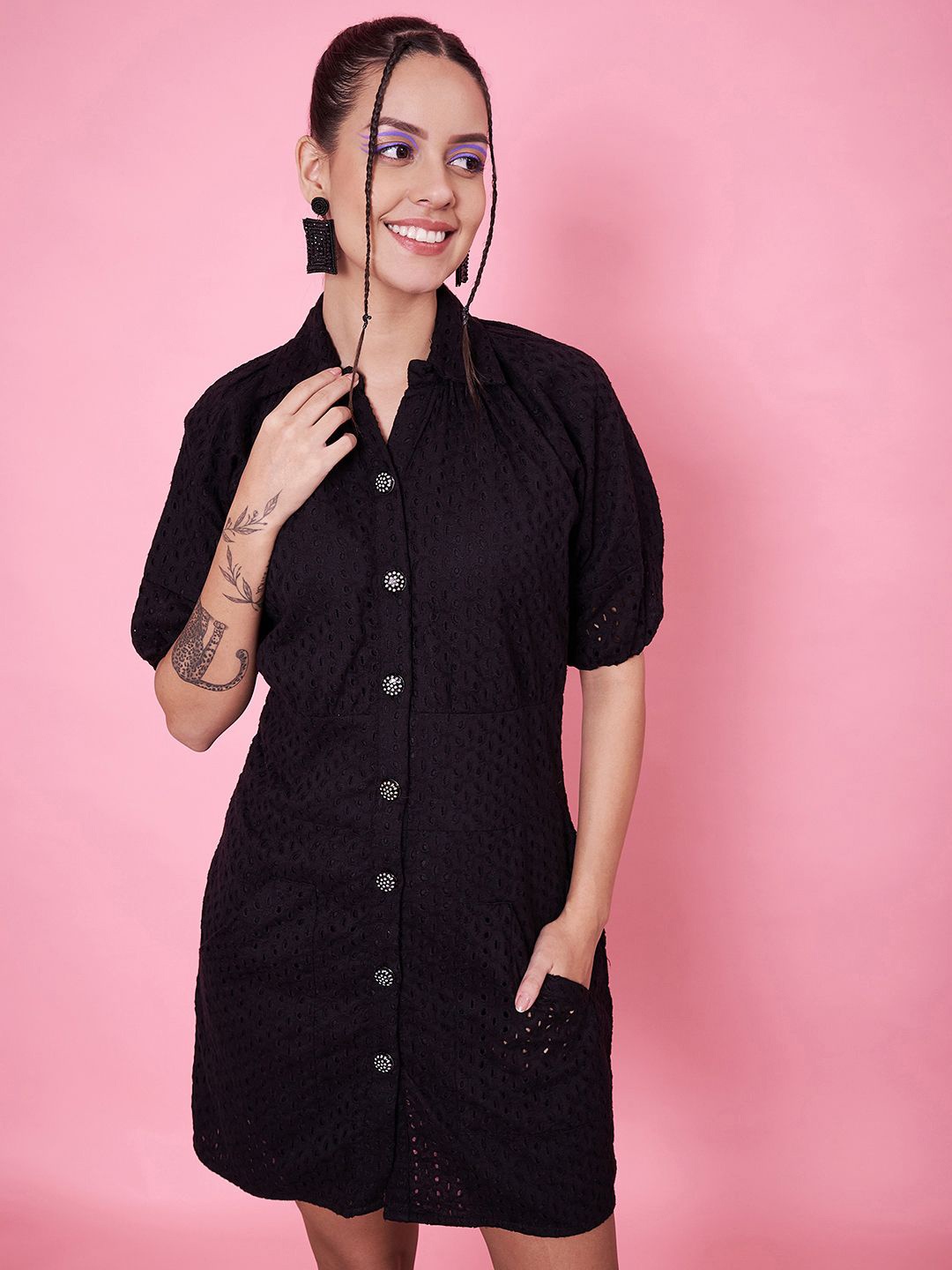 

Kannan Women A-Line Shirt Collar Dress, Black