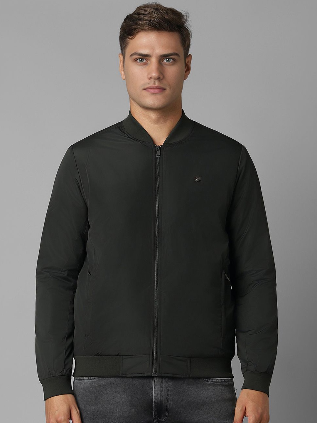 

Louis Philippe Men Mandarin Collar Bomber Jacket, Green