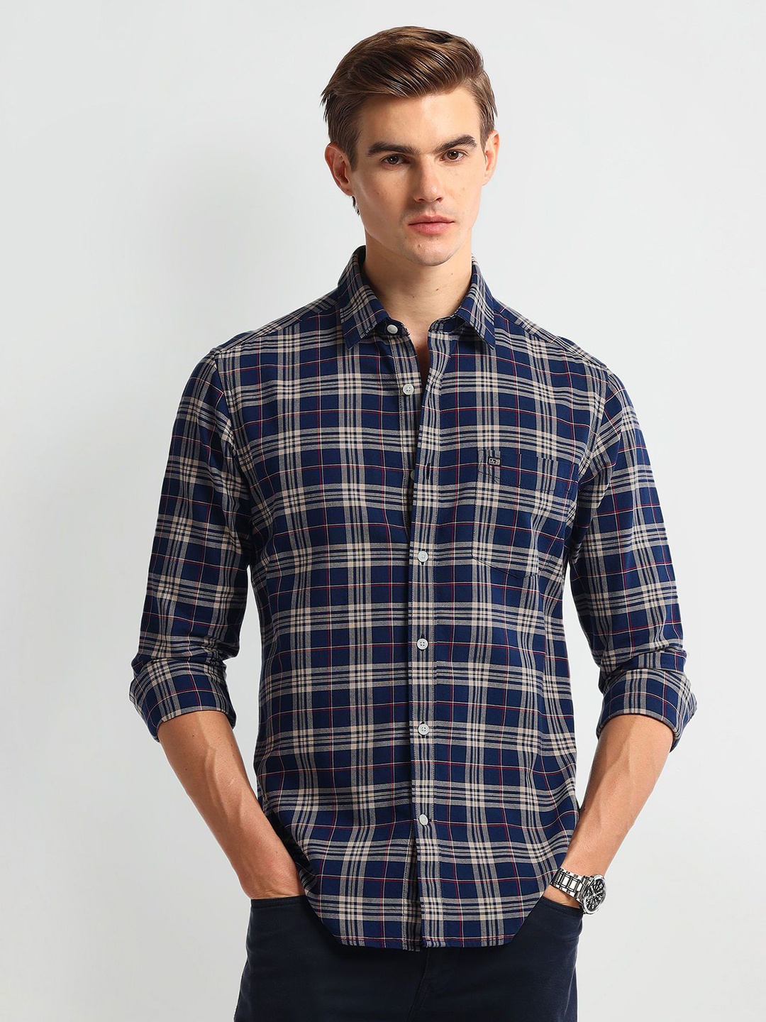 

Arrow Sport Men Slim Fit Tartan Checks Opaque Checked Casual Shirt, Blue