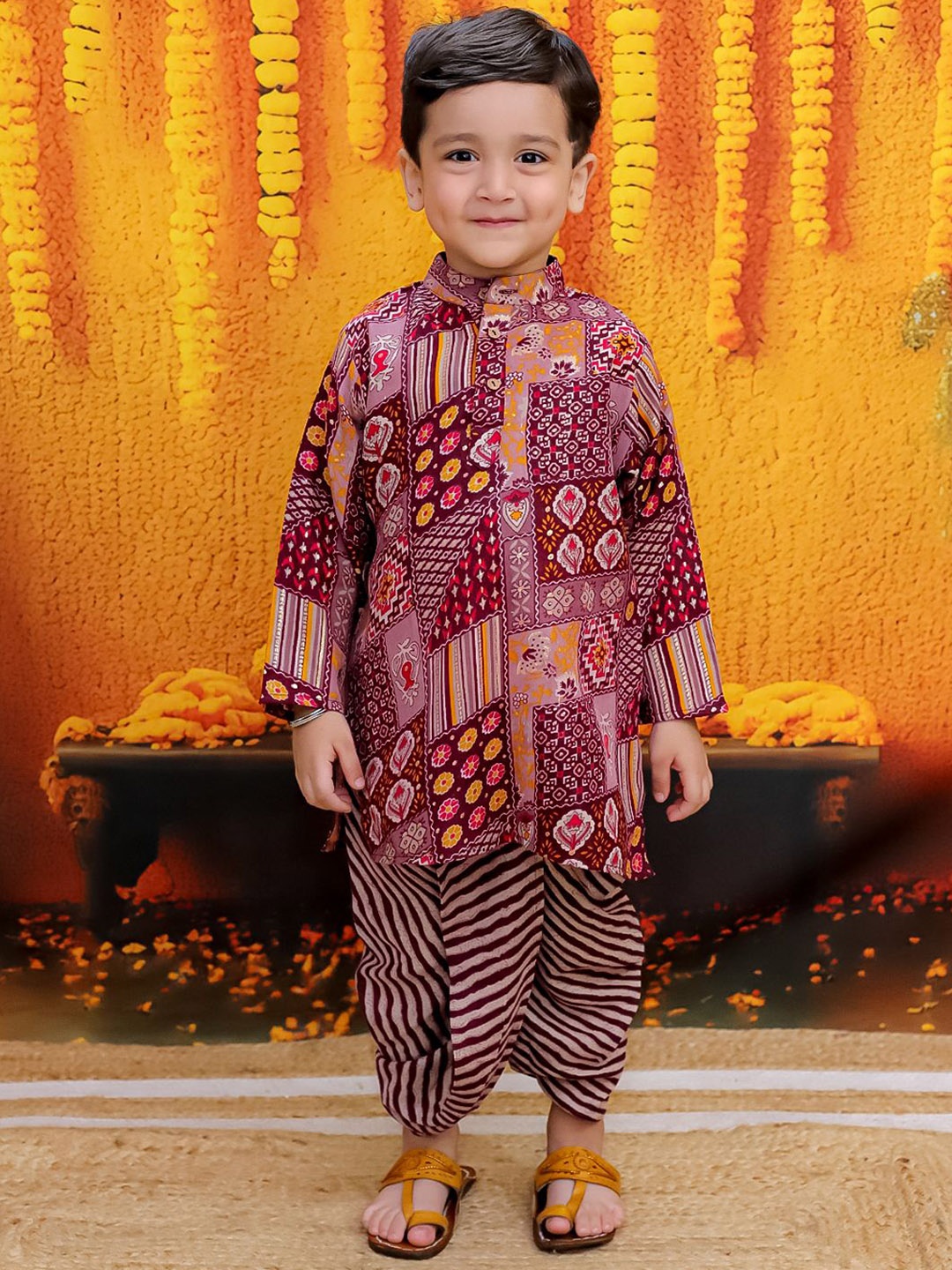 

BownBee Boys Floral Printed Straight Pure Cotton Kurta with Dhoti Pants, Purple