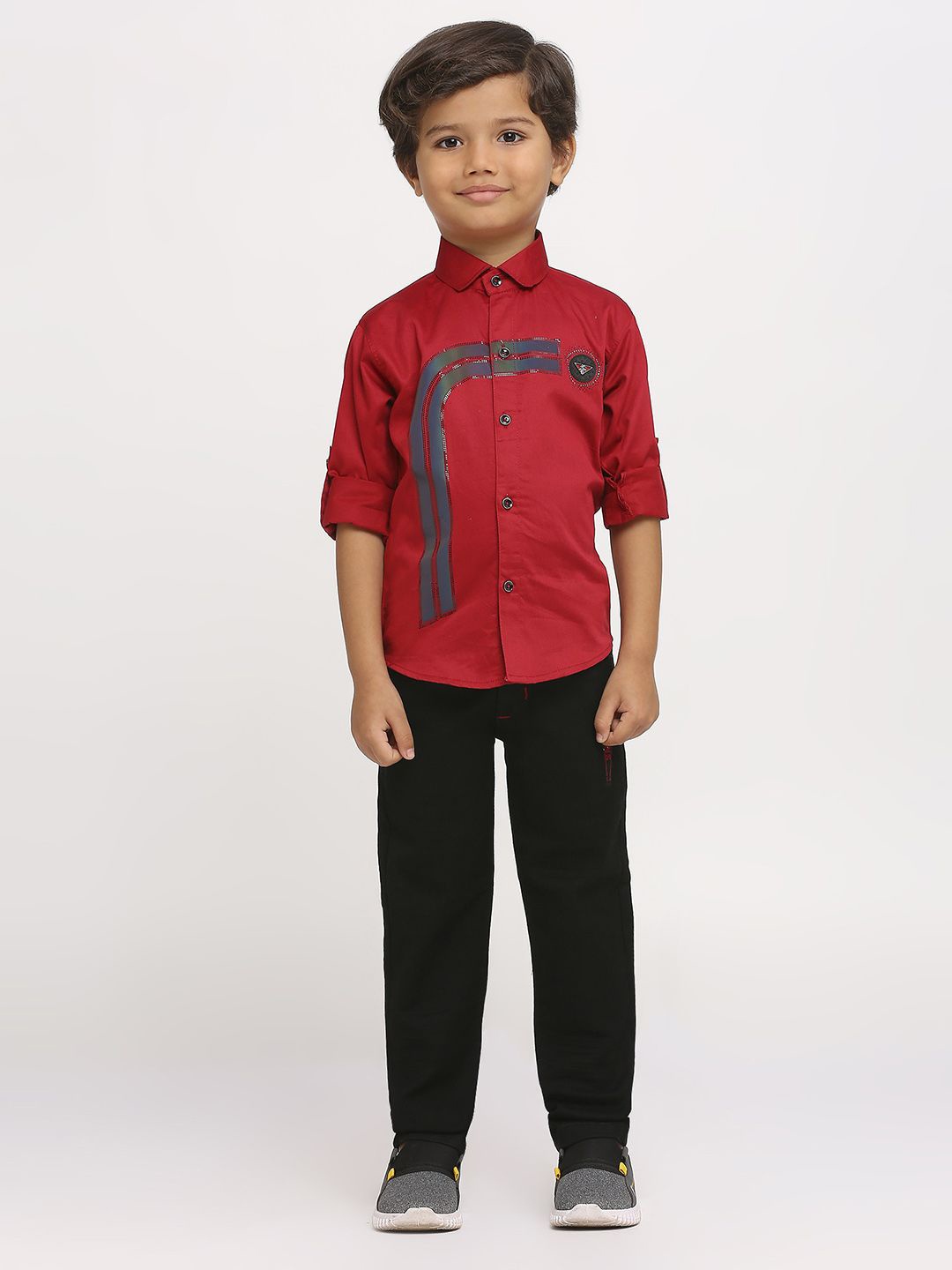 

YK Boys Embellished Shirt Collar long Sleeves Cotton Blend Shirt With Trousers, Maroon