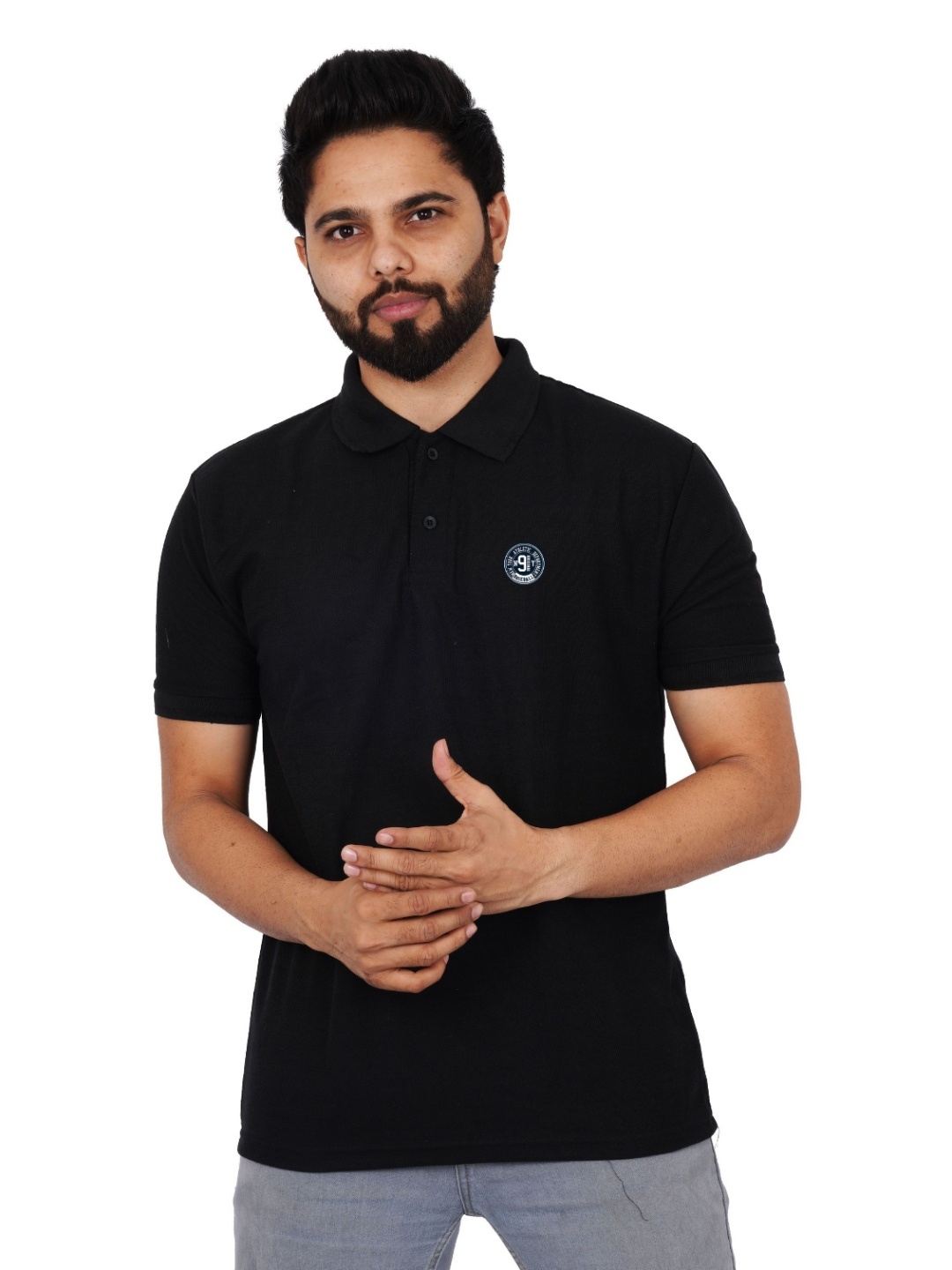 

LA MILANO Men Printed Polo Collar Applique Slim Fit T-shirt, Black