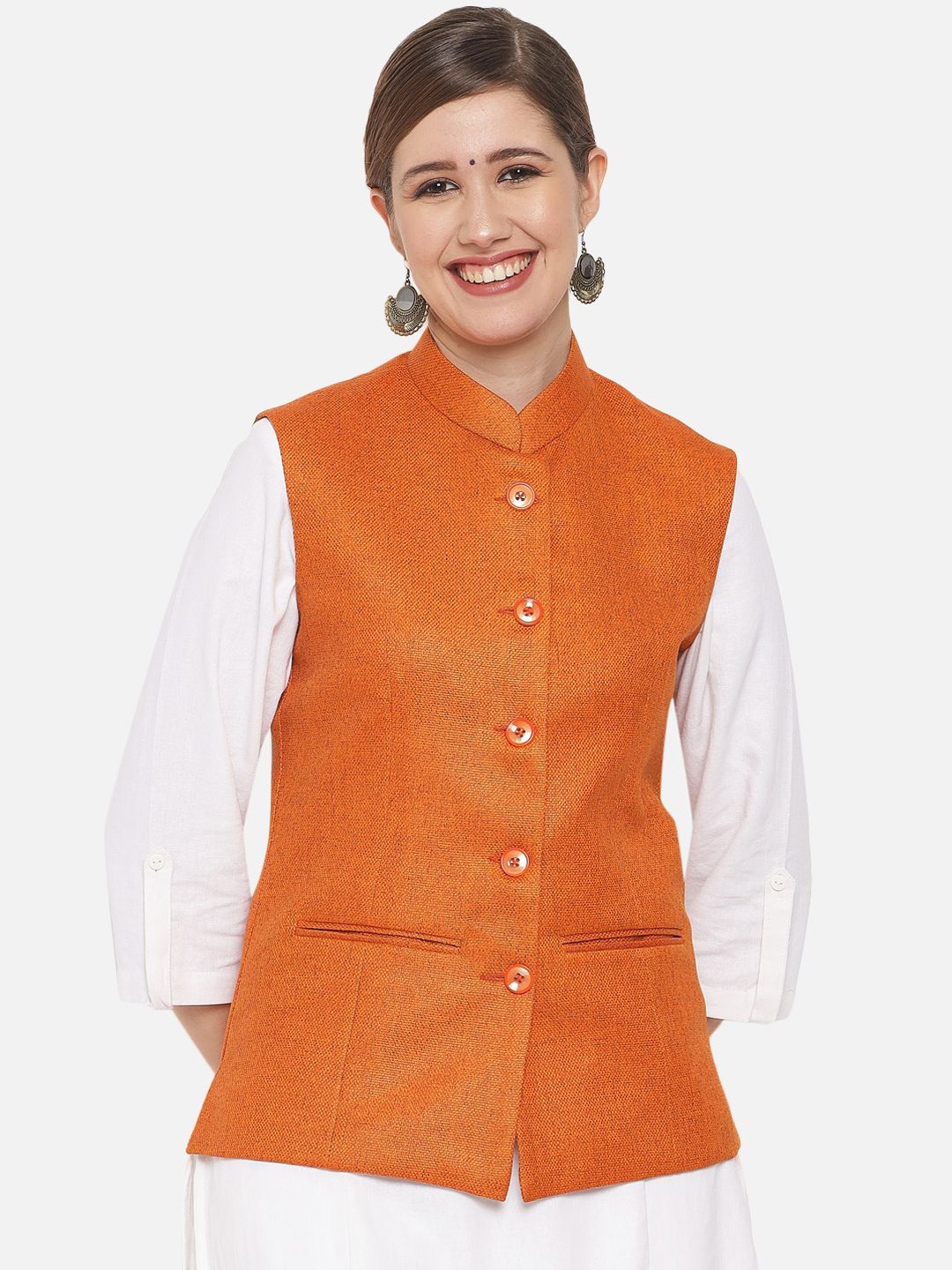 

KALINI Mandarin Collar Woven Nehru Jacket, Orange