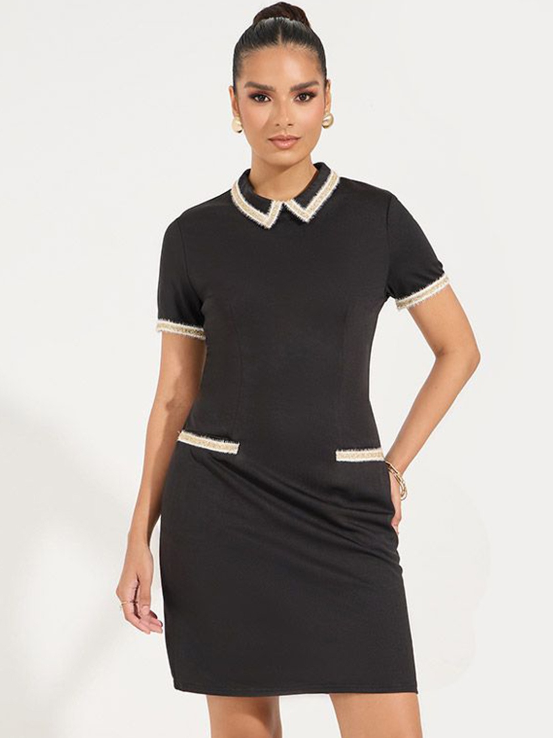 

Styli Collared Short Sleeves Shift Mini Dress, Black