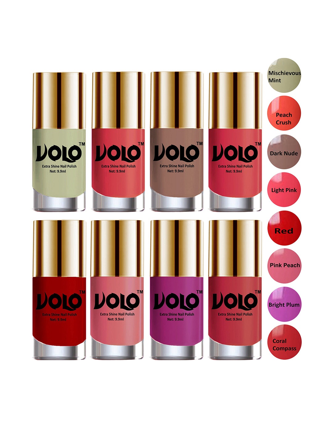 

VOLO Set Of 8 New Look Extra Lasting Nail Polish - 9.9 ml Each - Combo-No-02, Green