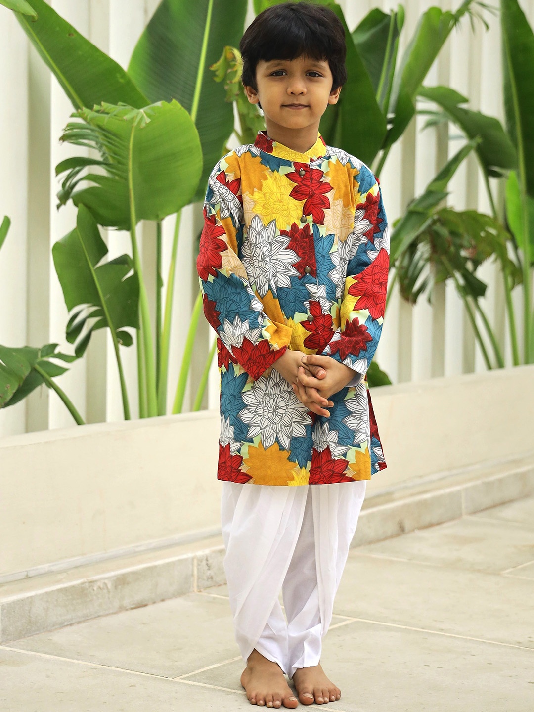 

Hoshi by A&T Boys Floral Printed Pure Cotton Kurta With Dhoti Pants, Blue