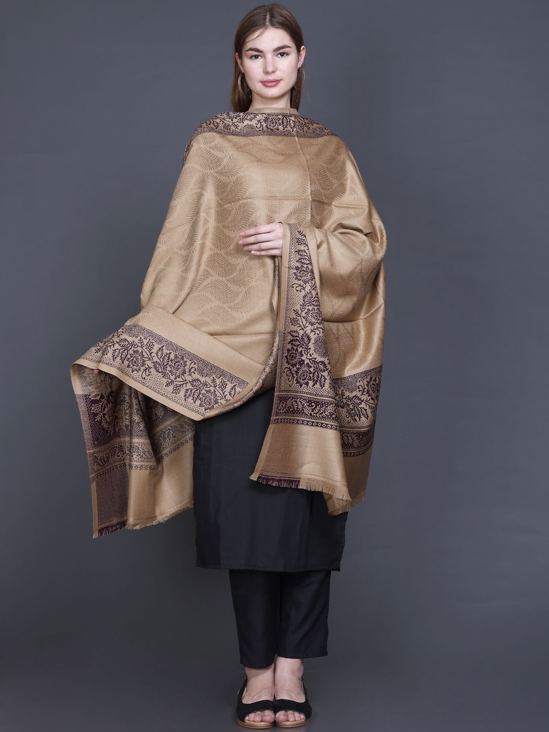 

GODFREY Floral Woven Design Woolen Shawl, Beige