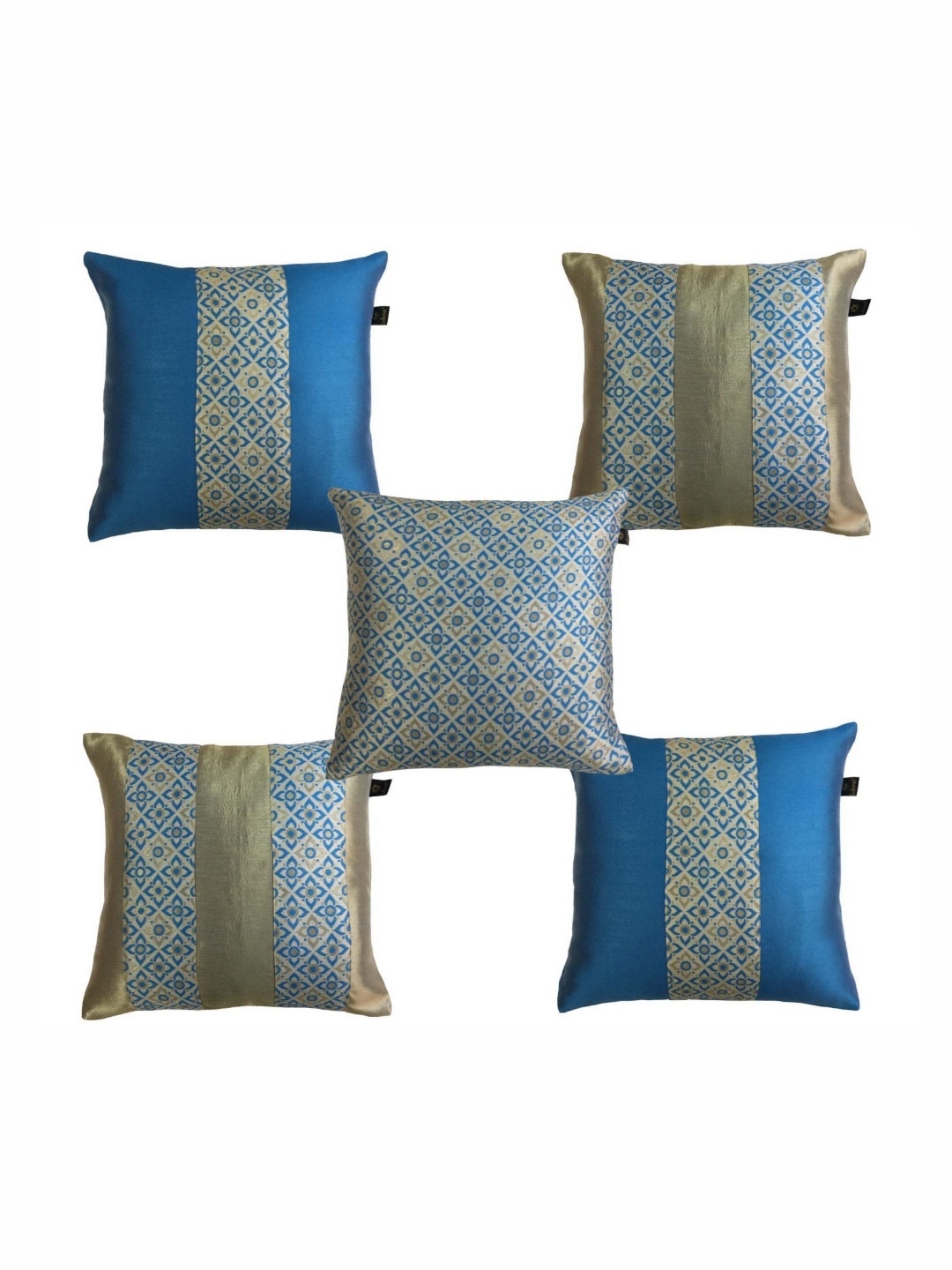 

Lushomes Blue & Gold-Toned Set of 5 Ethnic Motifs Square Cushion Covers