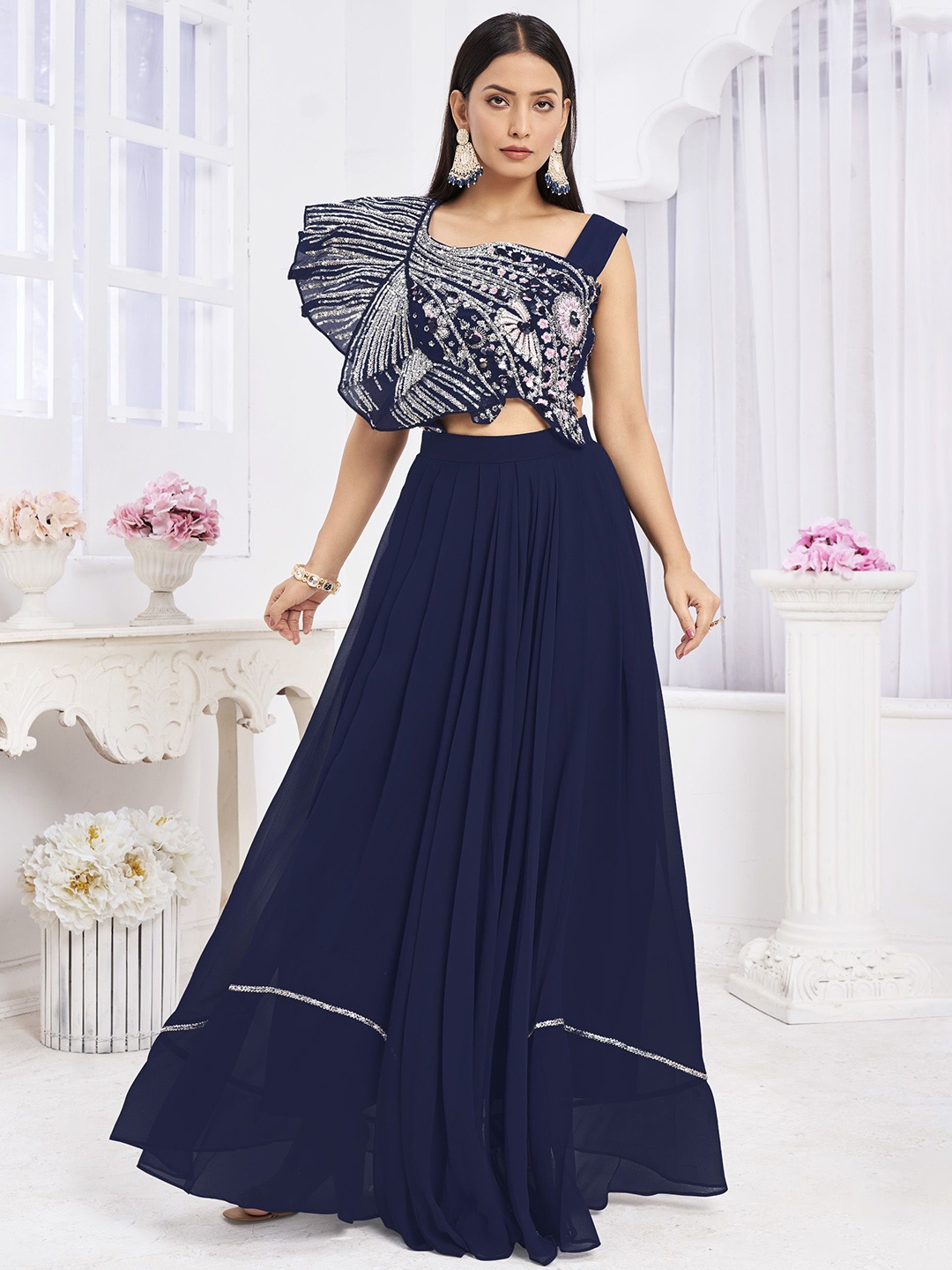 

JIVORA Embroidered Beads and Stones Ready to Wear Lehenga &, Blue
