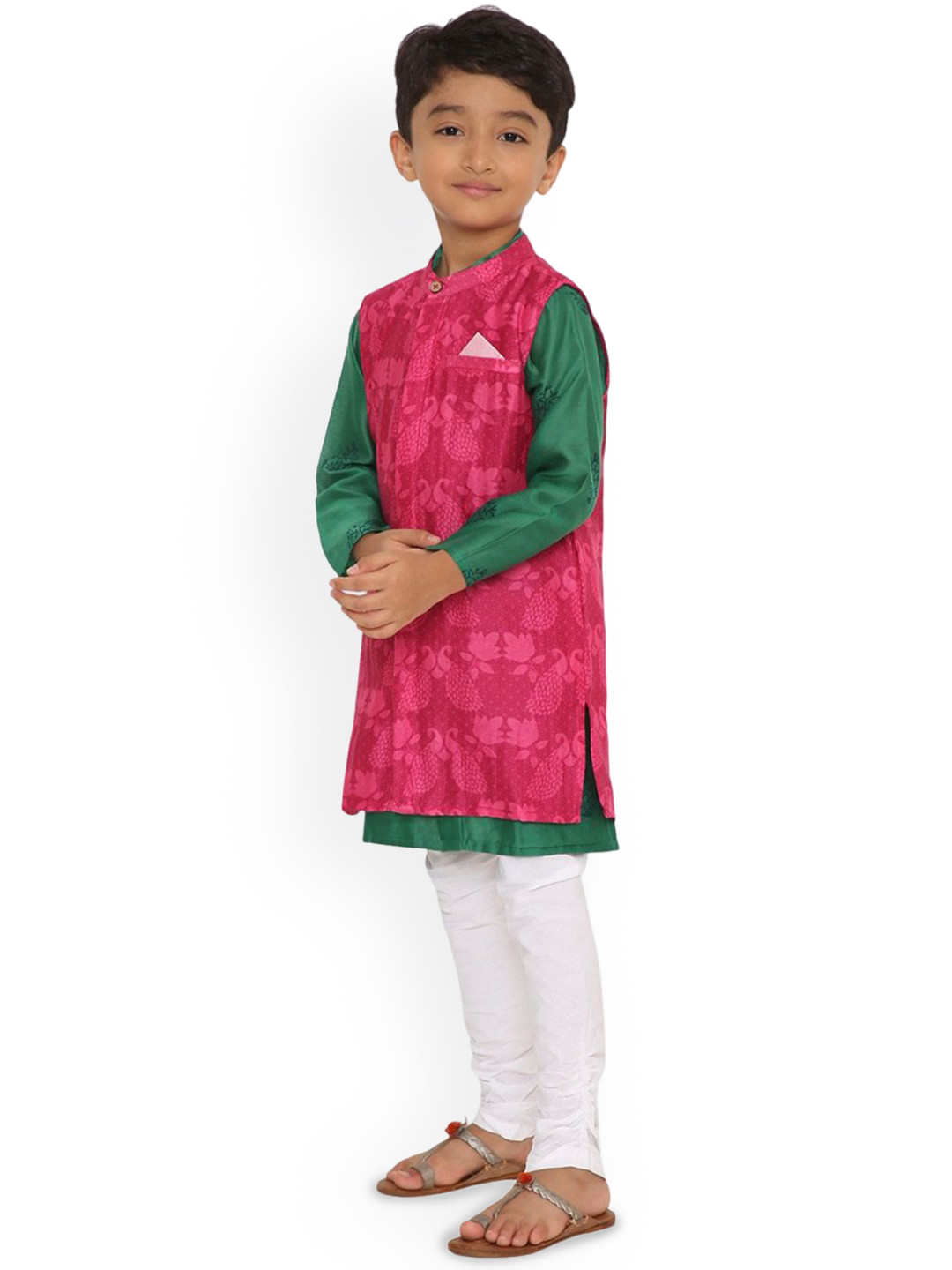 

Miko Lolo Boys Ethnic Motifs Printed Regular Chanderi Silk Kurta With Churidar And Jacket, Green