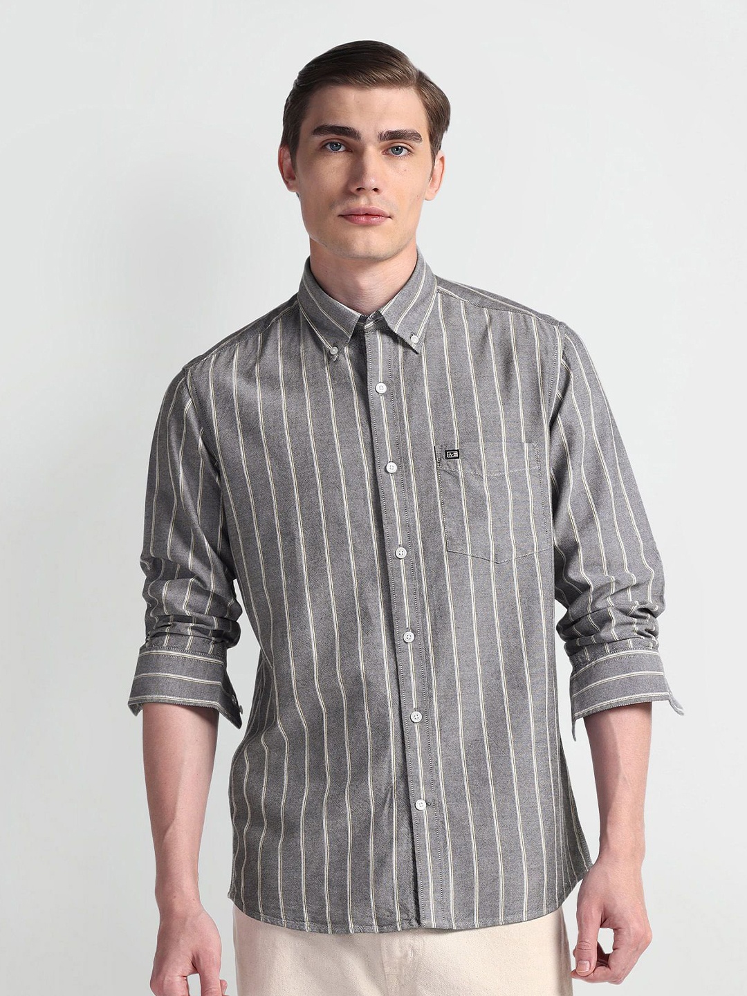 

Arrow Sport Men Slim Fit Opaque Striped Casual Shirt, Grey