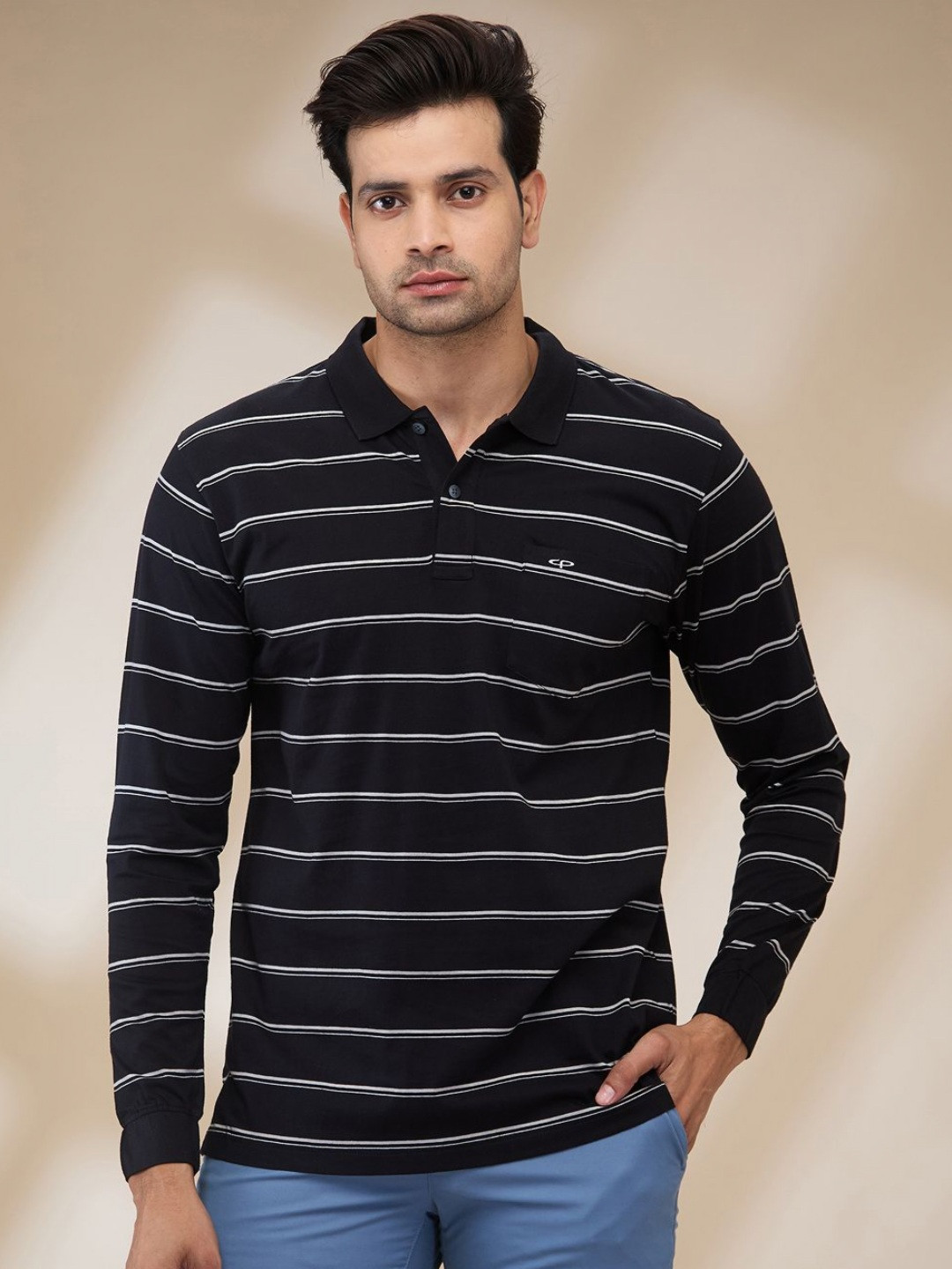 

ColorPlus Men Striped Polo Collar Cotton T-shirt, Black