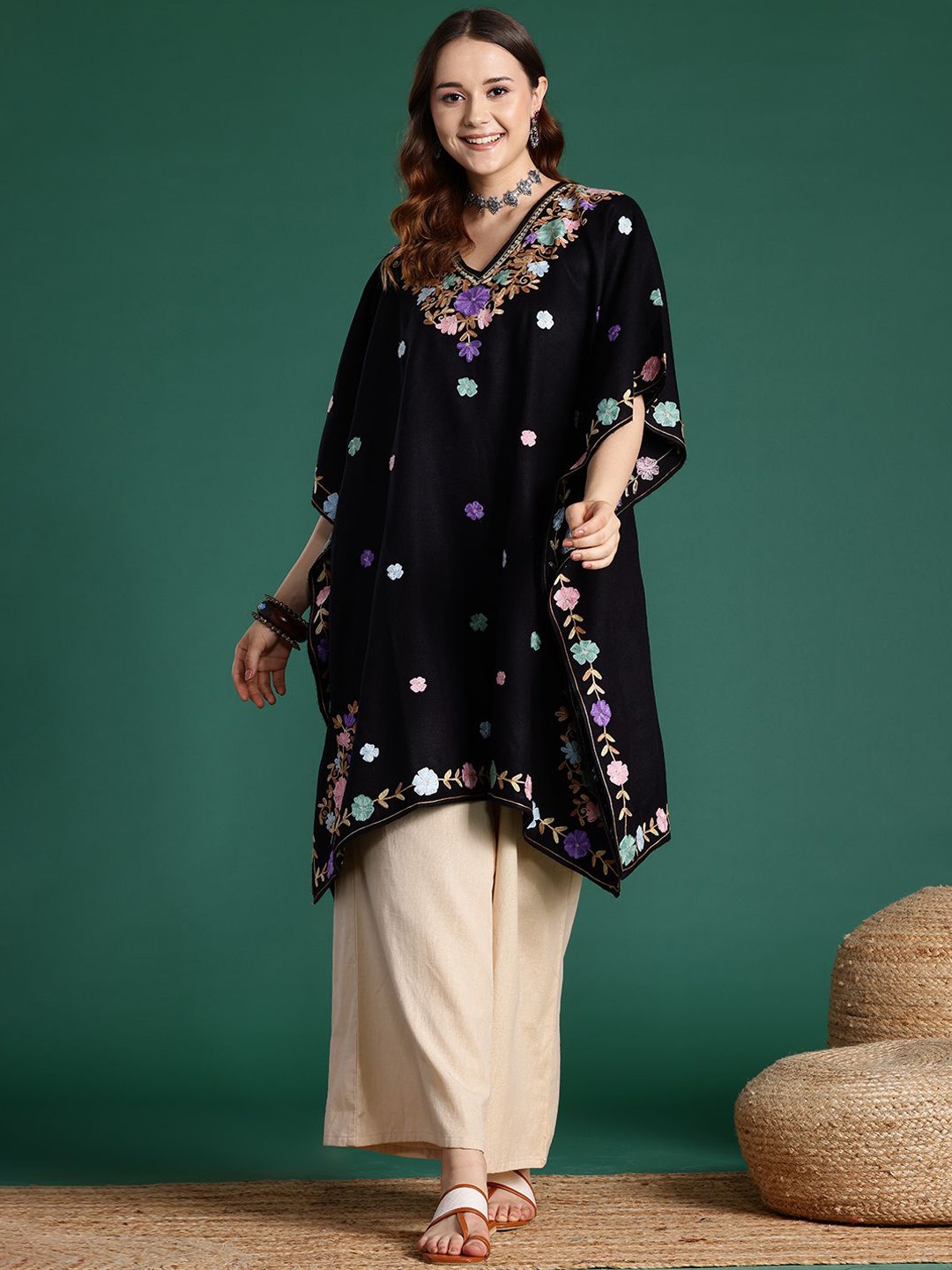 

Sangria Black Floral Embroidered V-Neck Thread Work Jacquard Kaftan Kurta