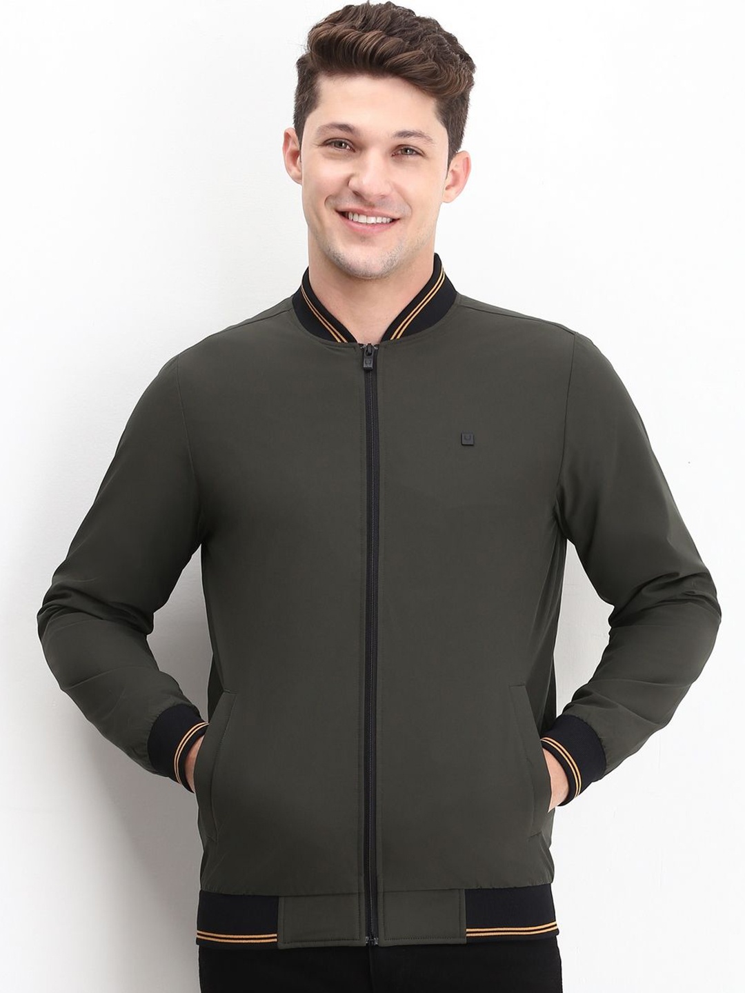 

Allen Solly Men Bomber Jacket, Olive