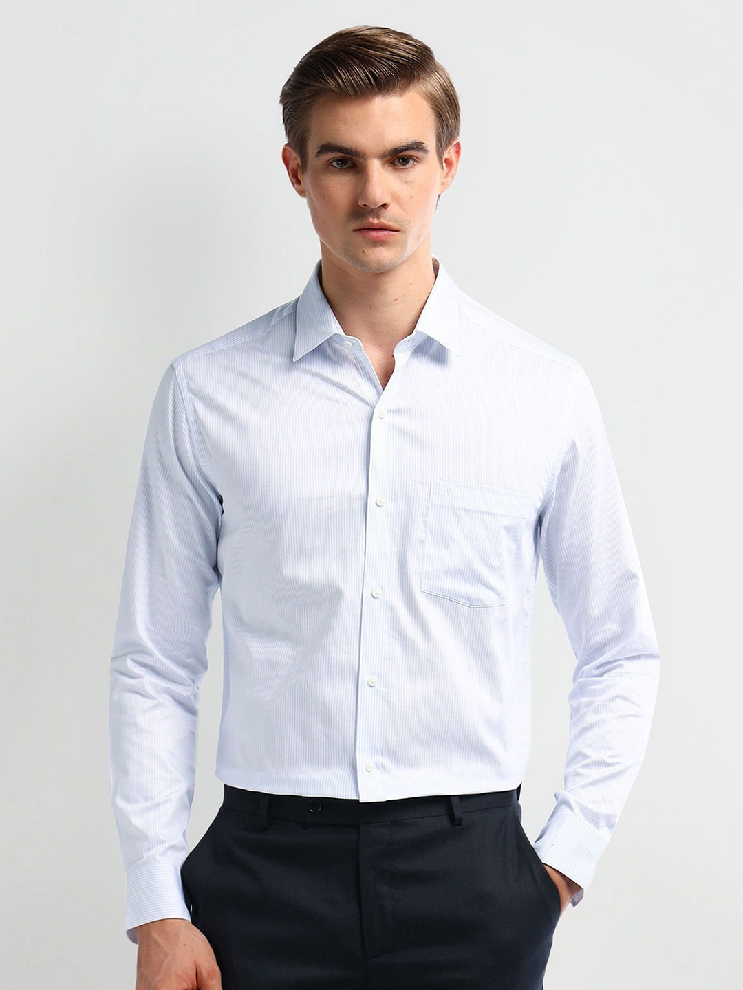

Arrow Men Slim Fit Pinstripes Opaque Striped Formal Shirt, Blue