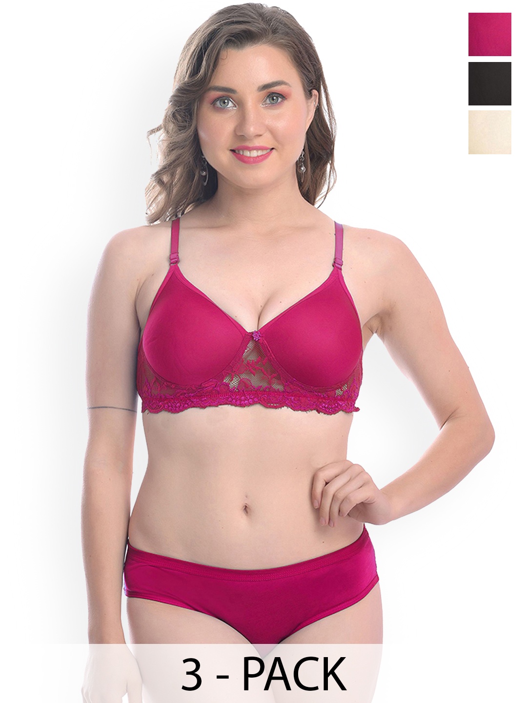 

AROUSY Pack Of 3 Women Lightly Padded Lingerie Set, Pink