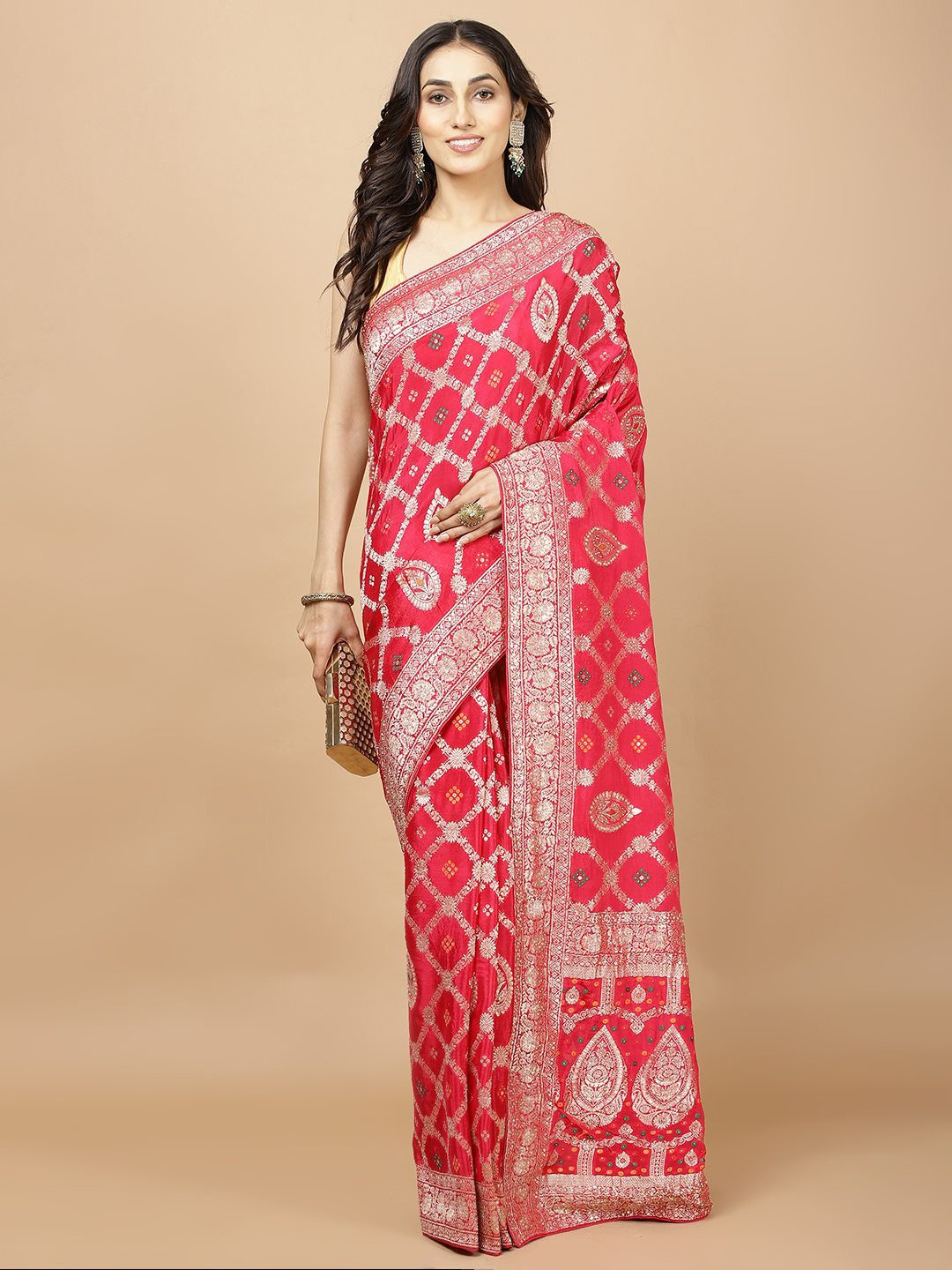 

Meena Bazaar Woven Design Zari Poly Crepe Saree, Pink