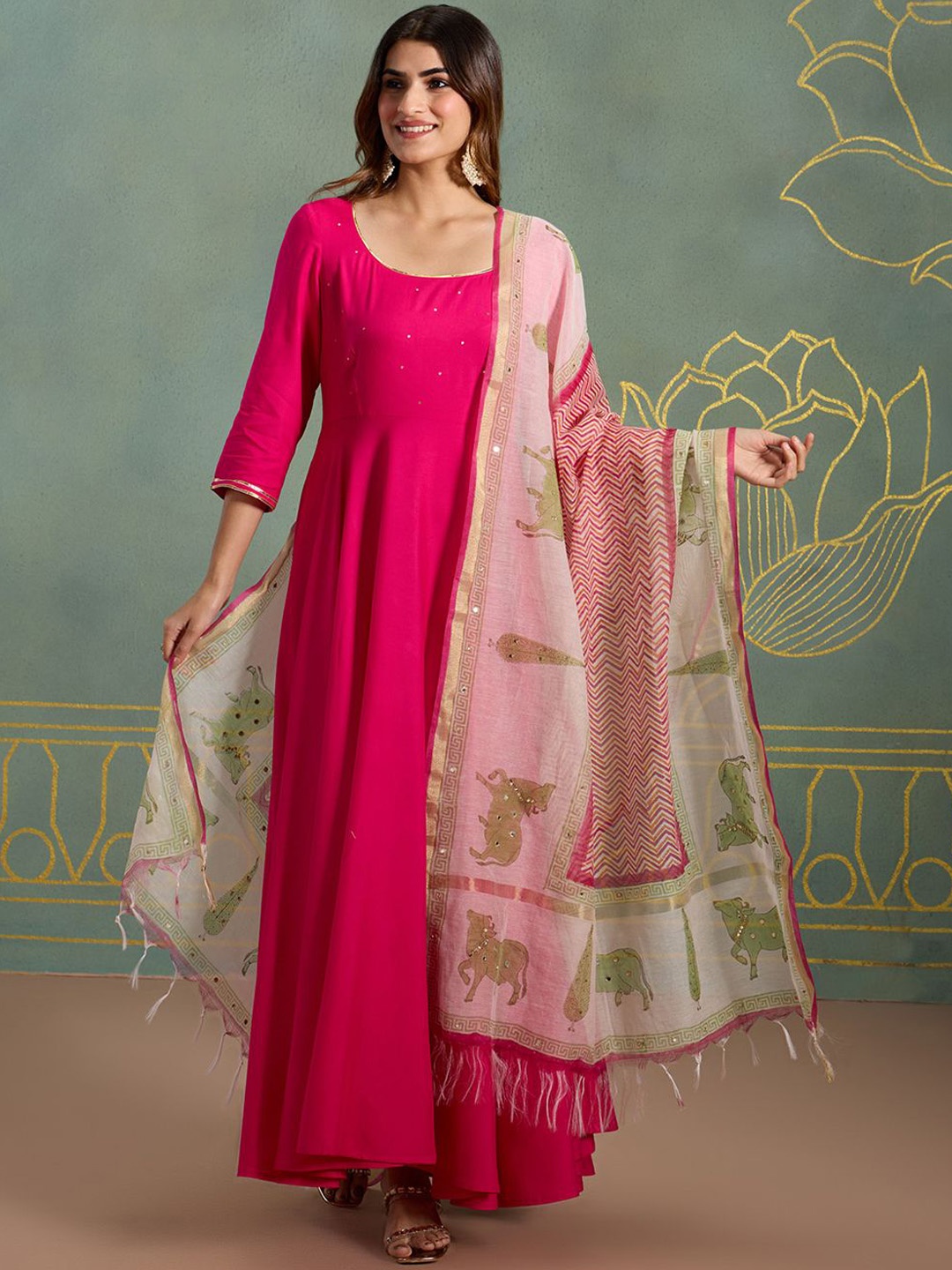 

Likha Scoop Neck Embroidered Sequinned Anarkali Kurta with Trousers & Dupatta, Pink