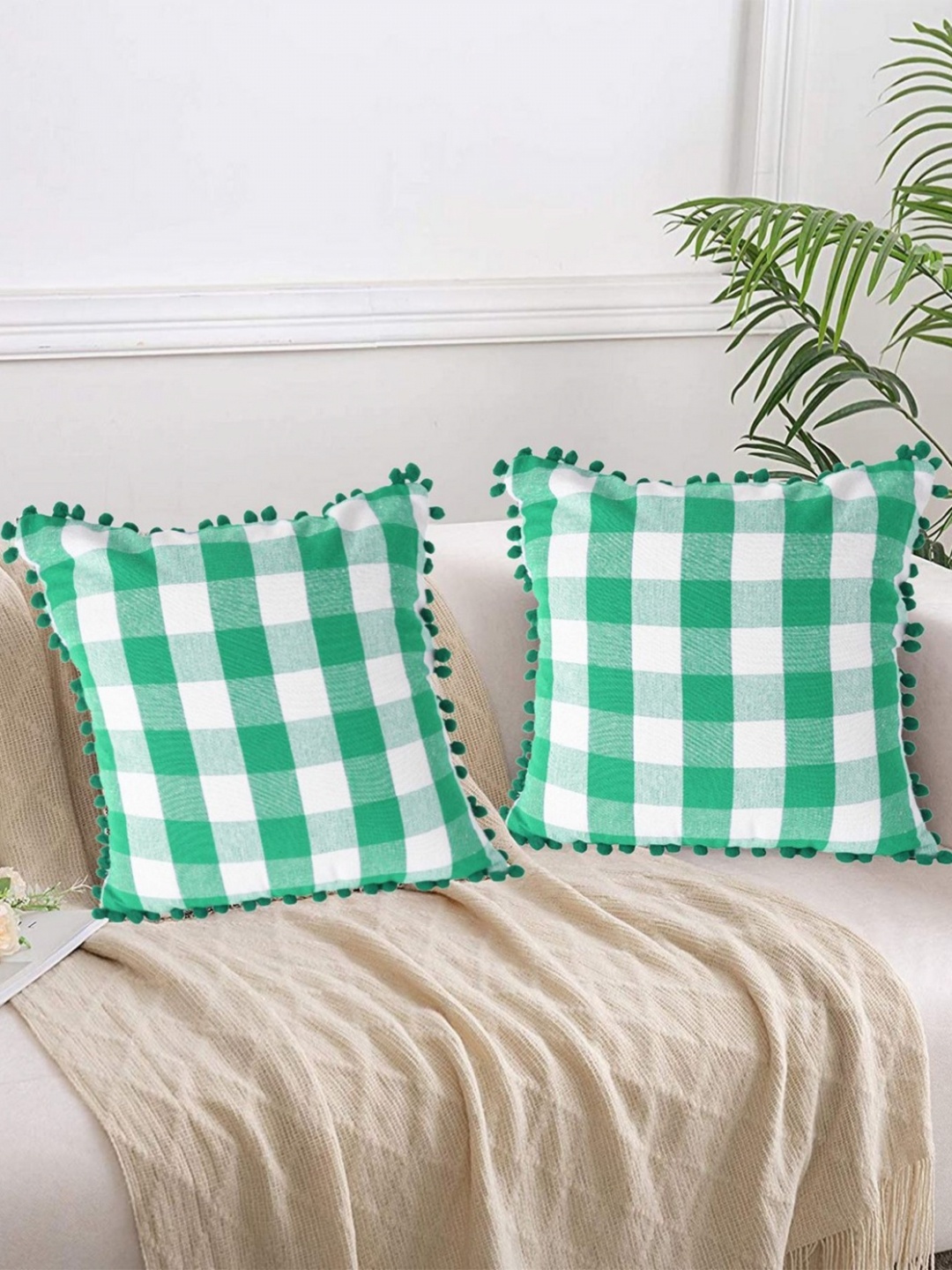 

Lushomes Green & White 2 Pieces Checked Cotton Square Cushion Covers