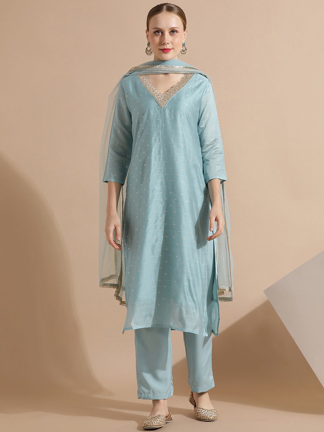 

Jaipur Kurti Chanderi Woven Festive Kurta Set With Dupatta, Blue