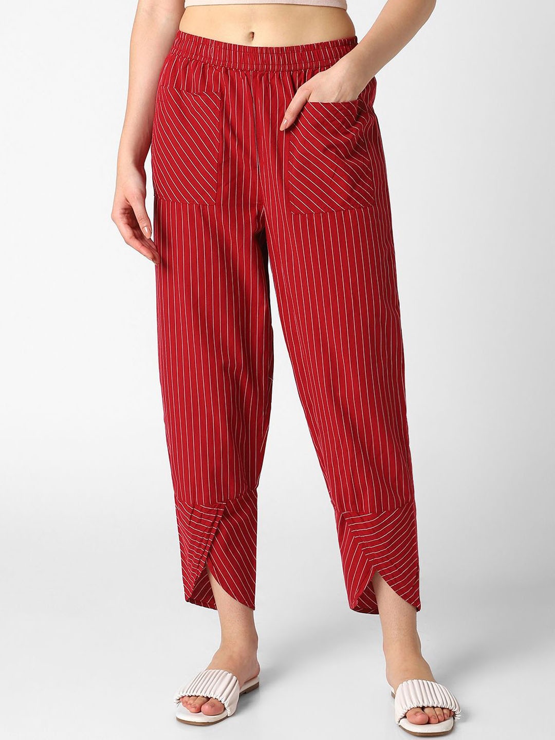 

Mystere Paris Women Striped Mid- Rise Trousers, Maroon