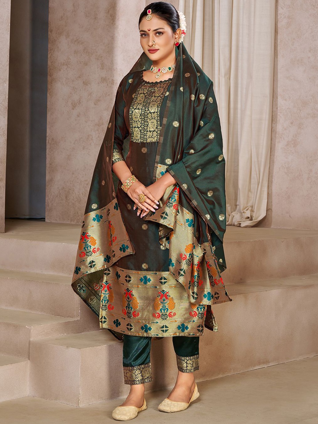 

Lilots Unstitched Dress Material, Green