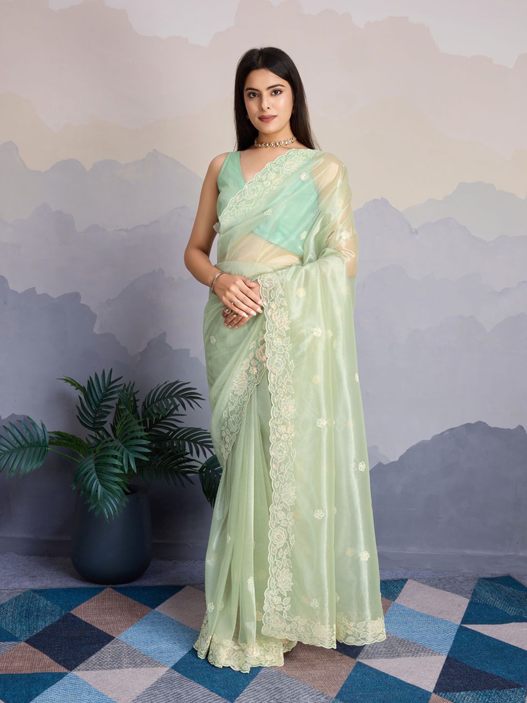 

Meena Bazaar Sequin Embellished Organza Saree, Green